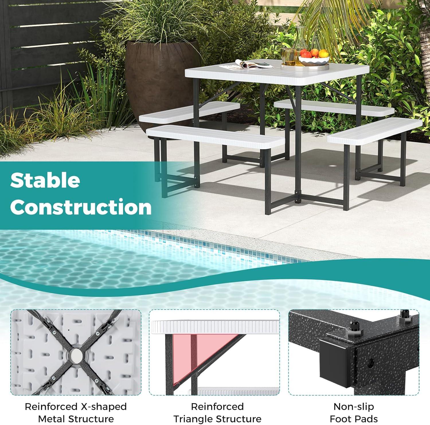 image:imageGiantex Picnic Table Bench Set for 4 People 45FT Outdoor Rectangular Dining Table amp 2 Benches wUmbrella Hole HDPE Tabletop Metal Frame Patio Garden Backyard Poolside 45FTNonFoldableGrayWhite