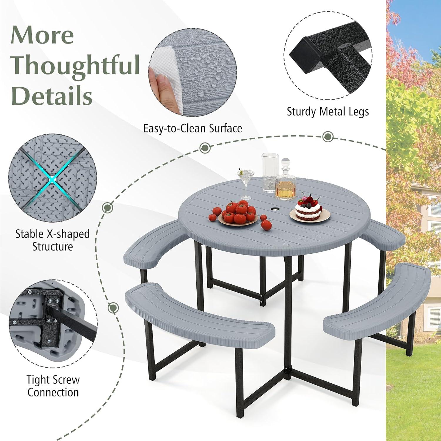 image:imageGiantex Picnic Table Bench Set for 4 People 45FT Outdoor Rectangular Dining Table amp 2 Benches wUmbrella Hole HDPE Tabletop Metal Frame Patio Garden Backyard Poolside 45FTNonFoldableGrayGrey