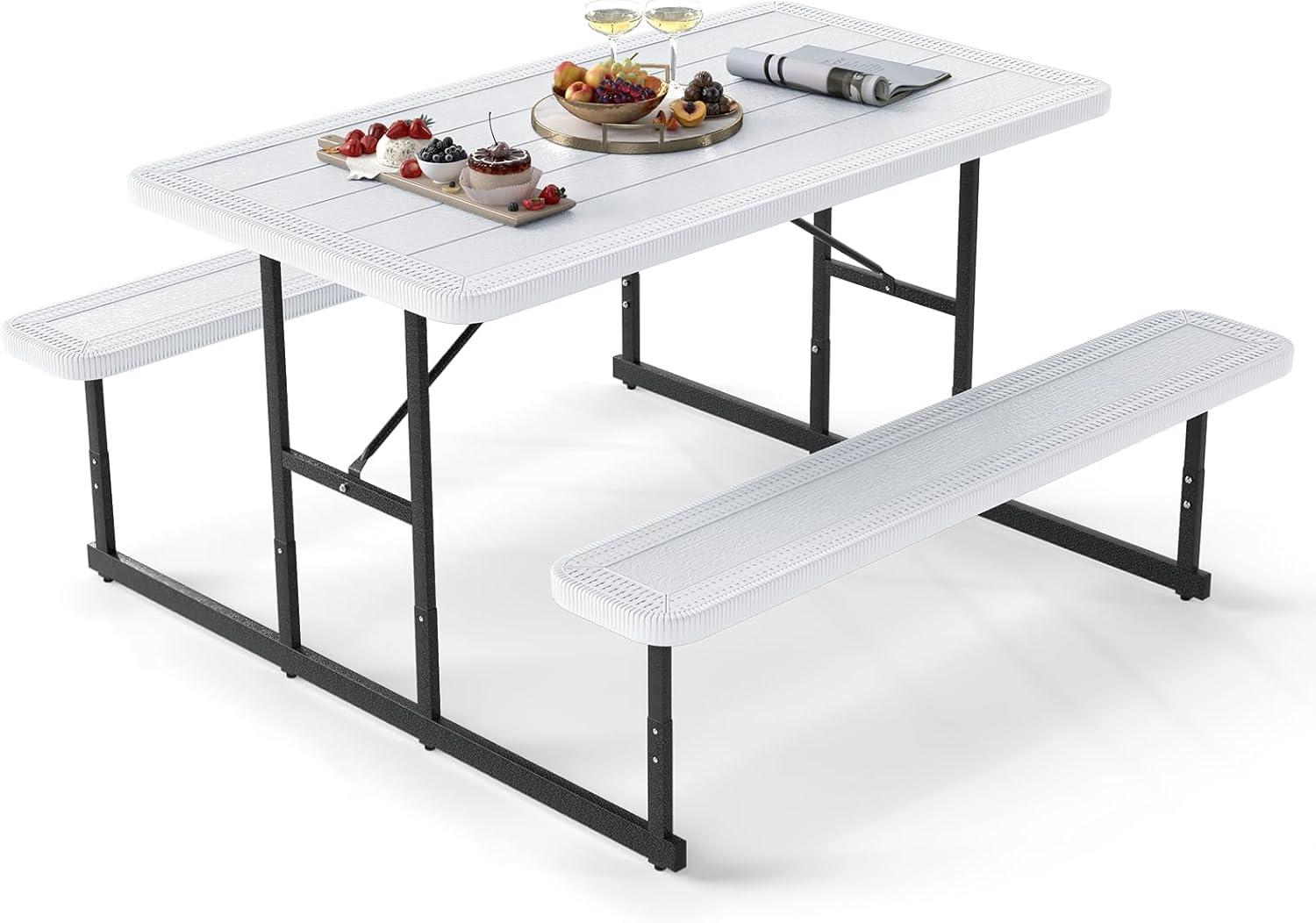 image:imageGiantex Picnic Table Bench Set for 4 People 45FT Outdoor Rectangular Dining Table amp 2 Benches wUmbrella Hole HDPE Tabletop Metal Frame Patio Garden Backyard Poolside 45FTNonFoldableGrayWhite