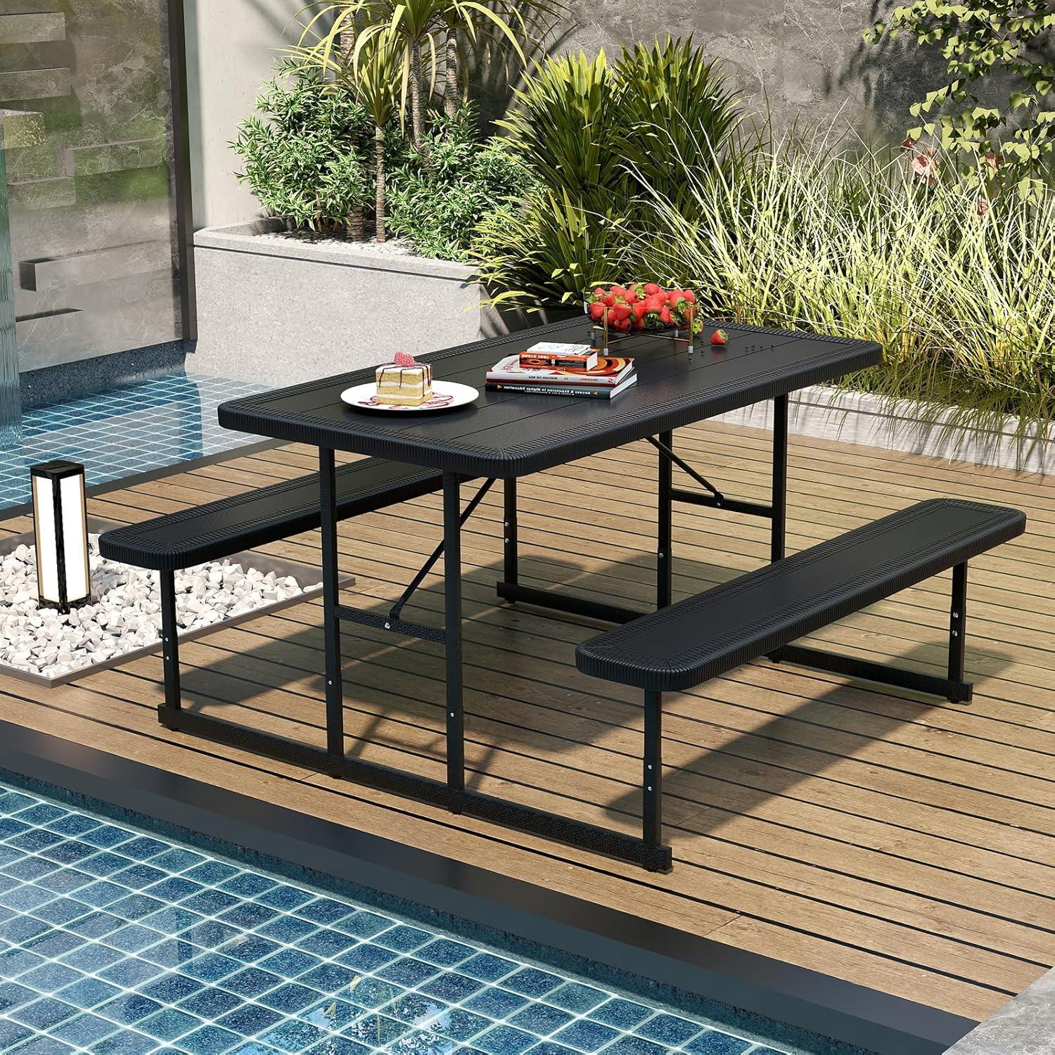 image:imageGiantex Picnic Table Bench Set for 4 People 45FT Outdoor Rectangular Dining Table amp 2 Benches wUmbrella Hole HDPE Tabletop Metal Frame Patio Garden Backyard Poolside 45FTNonFoldableGrayBlack