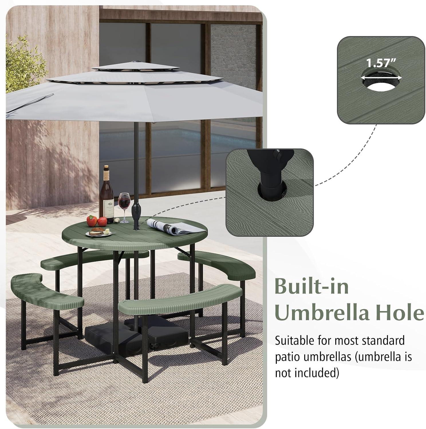 image:imageGiantex Picnic Table Bench Set for 4 People 45FT Outdoor Rectangular Dining Table amp 2 Benches wUmbrella Hole HDPE Tabletop Metal Frame Patio Garden Backyard Poolside 45FTNonFoldableGrayGreen
