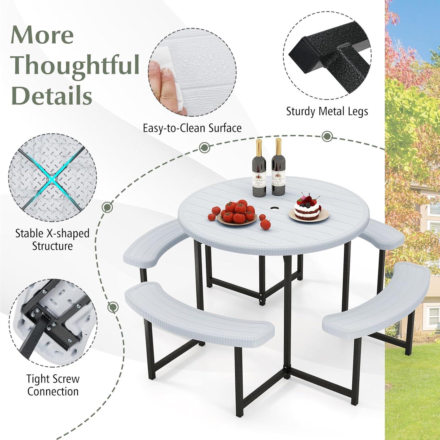 image:imageGiantex Picnic Table Bench Set for 4 People 45FT Outdoor Rectangular Dining Table amp 2 Benches wUmbrella Hole HDPE Tabletop Metal Frame Patio Garden Backyard Poolside 45FTNonFoldableGrayWhite