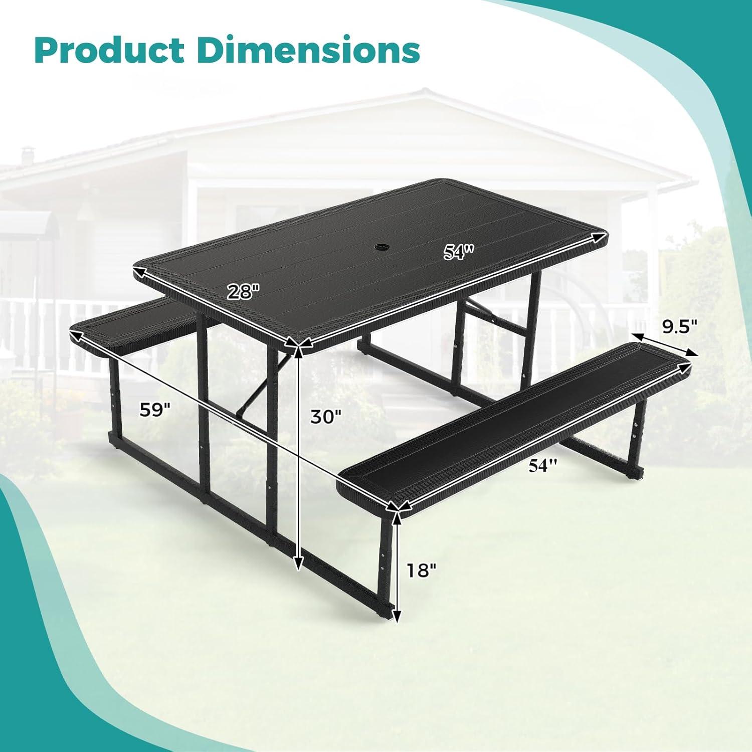 image:imageGiantex Picnic Table Bench Set for 4 People 45FT Outdoor Rectangular Dining Table amp 2 Benches wUmbrella Hole HDPE Tabletop Metal Frame Patio Garden Backyard Poolside 45FTNonFoldableGrayBlack