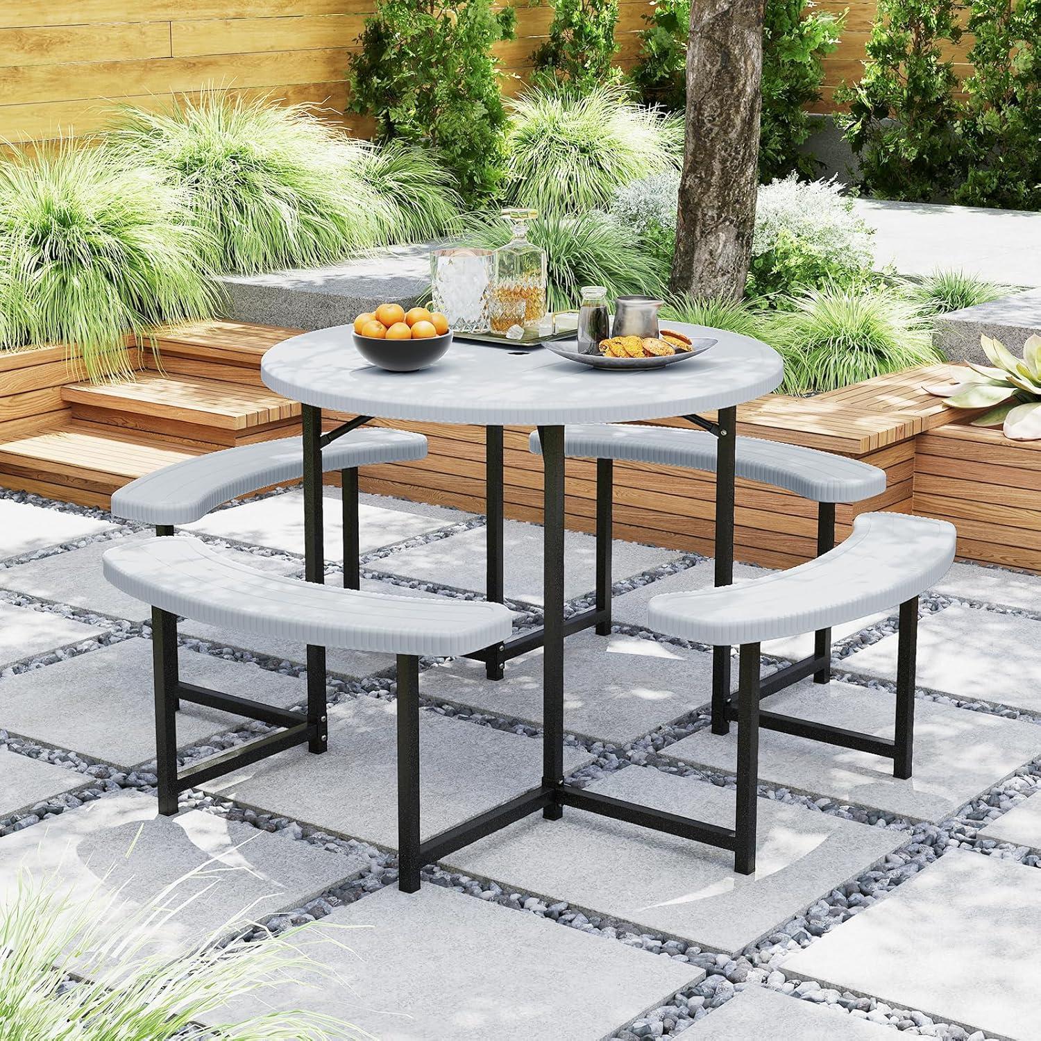 image:imageGiantex Picnic Table Bench Set for 4 People 45FT Outdoor Rectangular Dining Table amp 2 Benches wUmbrella Hole HDPE Tabletop Metal Frame Patio Garden Backyard Poolside 45FTNonFoldableGrayWhite