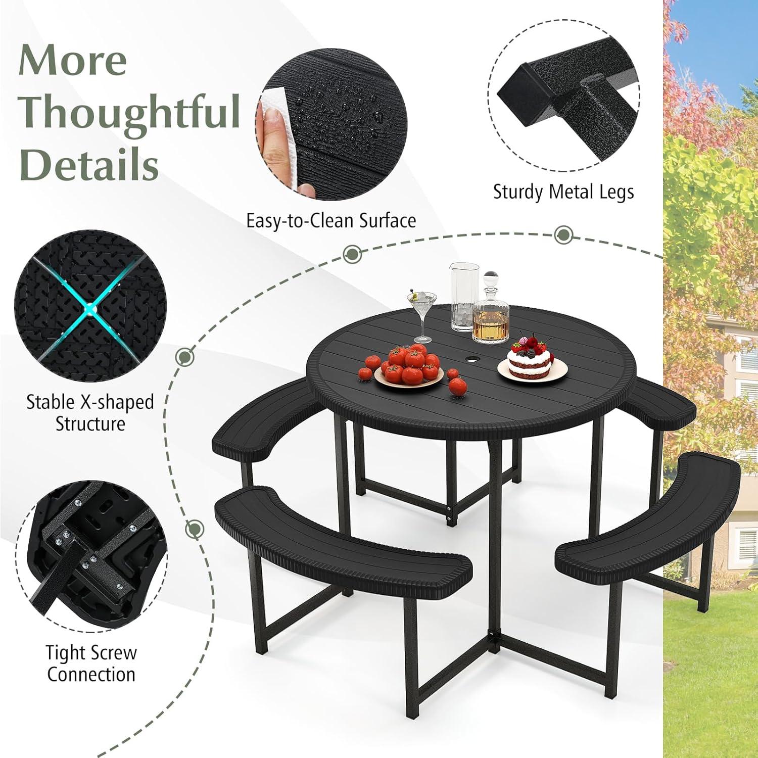 image:imageGiantex Picnic Table Bench Set for 4 People 45FT Outdoor Rectangular Dining Table amp 2 Benches wUmbrella Hole HDPE Tabletop Metal Frame Patio Garden Backyard Poolside 45FTNonFoldableGrayBlack