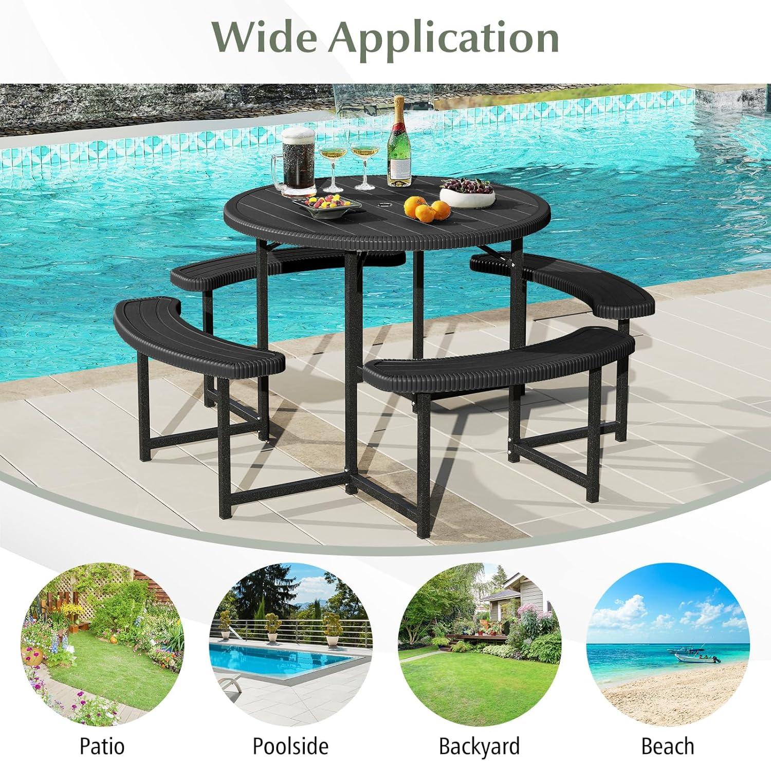 image:imageGiantex Picnic Table Bench Set for 4 People 45FT Outdoor Rectangular Dining Table amp 2 Benches wUmbrella Hole HDPE Tabletop Metal Frame Patio Garden Backyard Poolside 45FTNonFoldableGrayBlack