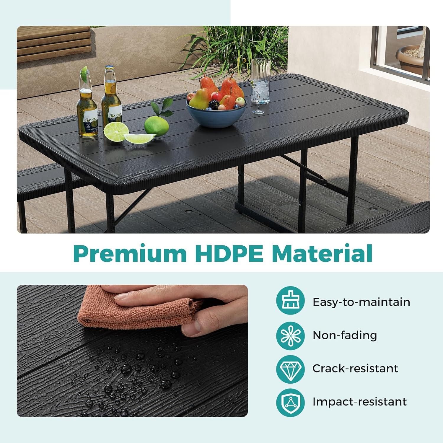 image:imageGiantex Picnic Table Bench Set for 4 People 45FT Outdoor Rectangular Dining Table amp 2 Benches wUmbrella Hole HDPE Tabletop Metal Frame Patio Garden Backyard Poolside 45FTNonFoldableGrayBlack