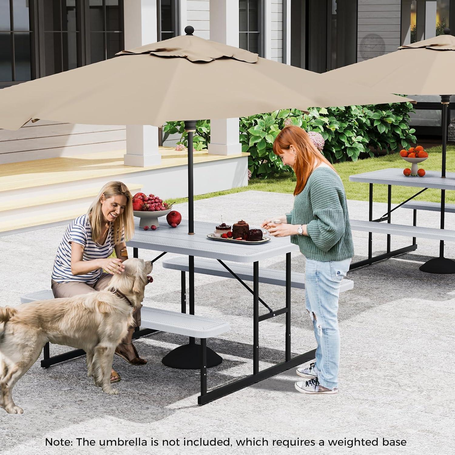 image:imageGiantex Picnic Table Bench Set for 4 People 45FT Outdoor Rectangular Dining Table amp 2 Benches wUmbrella Hole HDPE Tabletop Metal Frame Patio Garden Backyard Poolside 45FTNonFoldableGrayWhite