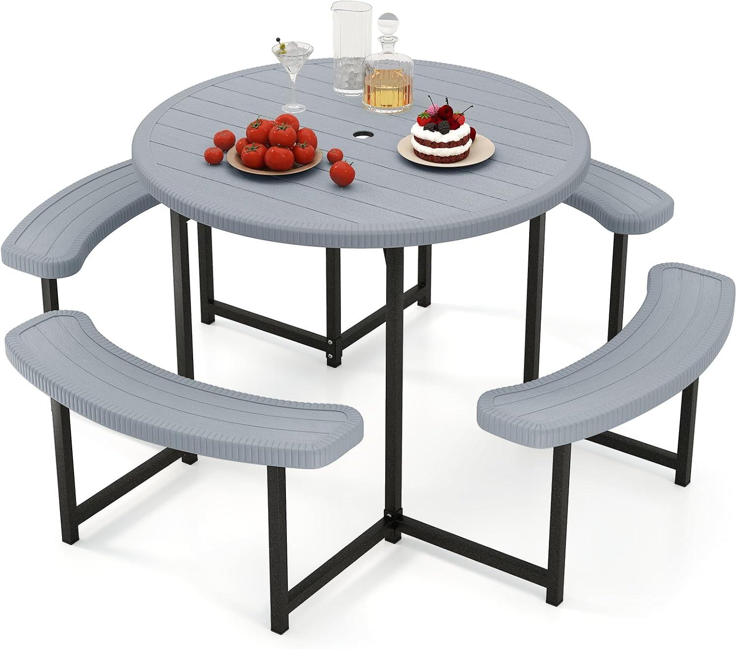 image:imageGiantex Picnic Table Bench Set for 4 People 45FT Outdoor Rectangular Dining Table amp 2 Benches wUmbrella Hole HDPE Tabletop Metal Frame Patio Garden Backyard Poolside 45FTNonFoldableGrayGrey