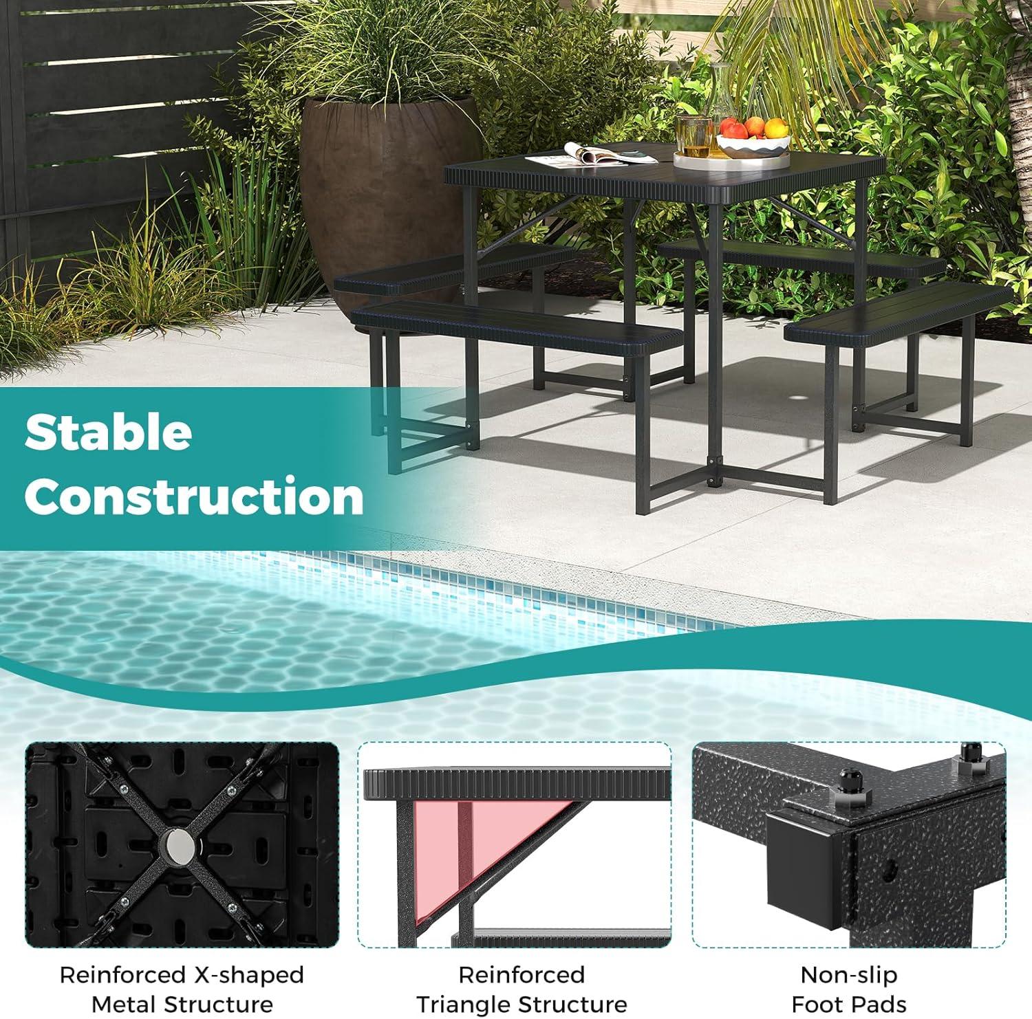 image:imageGiantex Picnic Table Bench Set for 4 People 45FT Outdoor Rectangular Dining Table amp 2 Benches wUmbrella Hole HDPE Tabletop Metal Frame Patio Garden Backyard Poolside 45FTNonFoldableGrayBlack