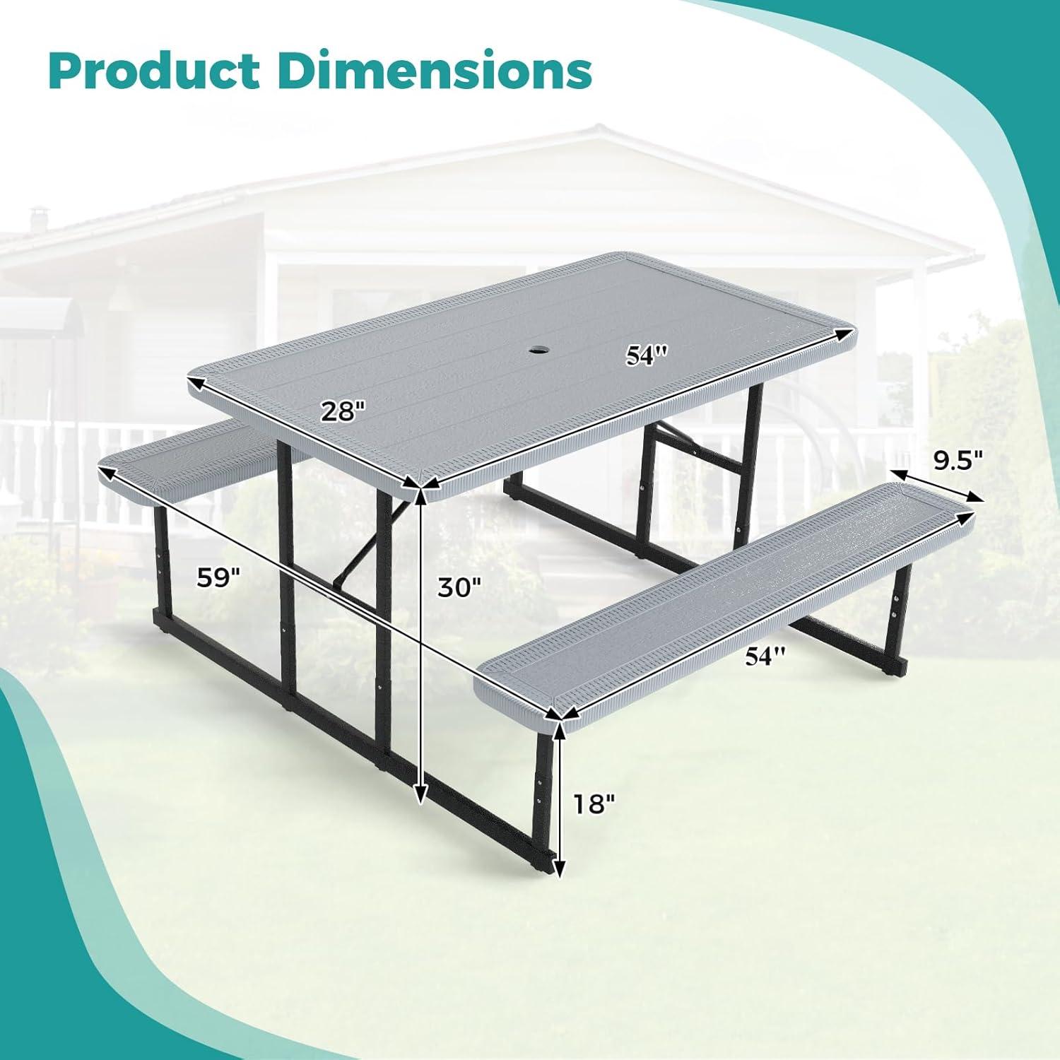 image:imageGiantex Picnic Table Bench Set for 4 People 45FT Outdoor Rectangular Dining Table amp 2 Benches wUmbrella Hole HDPE Tabletop Metal Frame Patio Garden Backyard Poolside 45FTNonFoldableGrayGrey