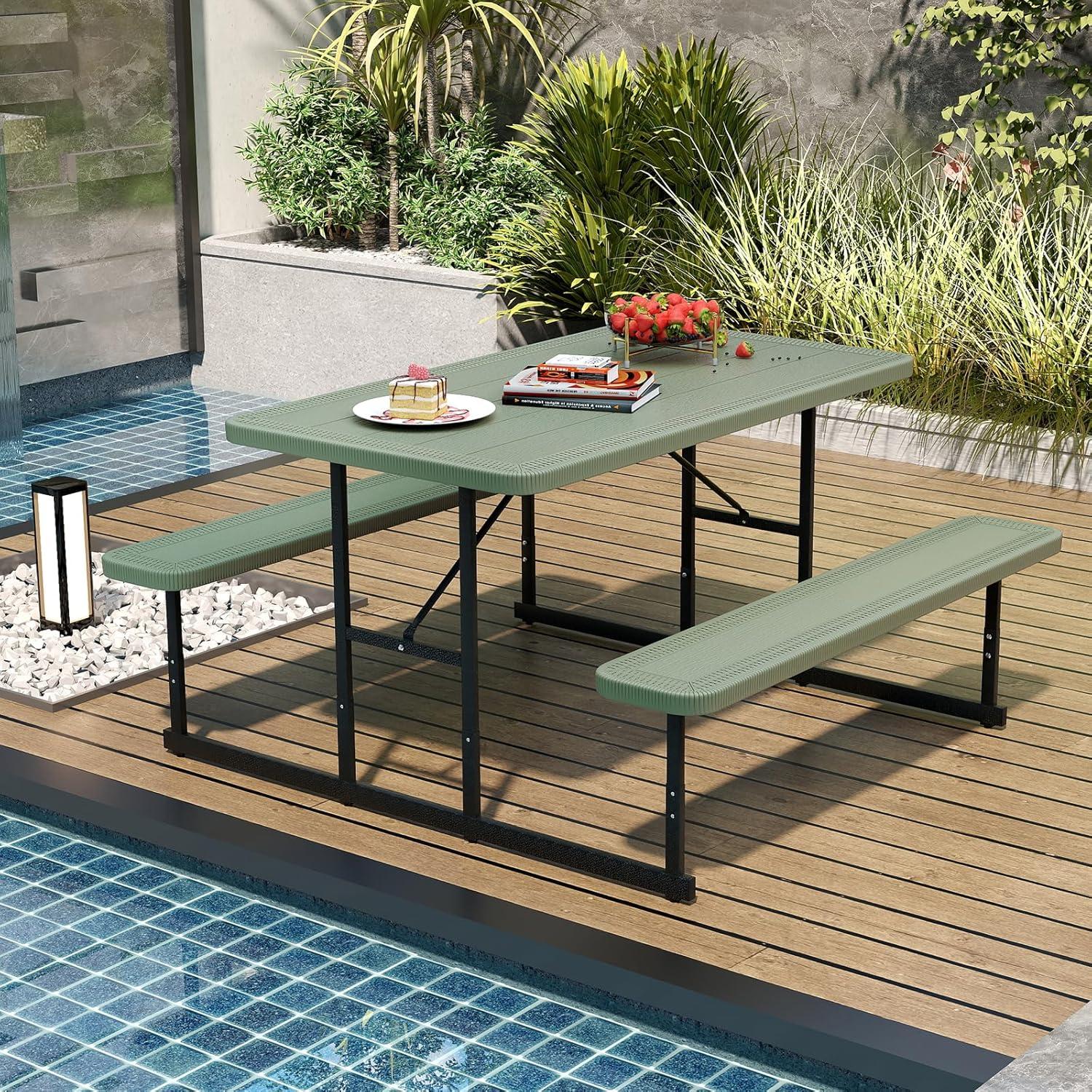 image:imageGiantex Picnic Table Bench Set for 4 People 45FT Outdoor Rectangular Dining Table amp 2 Benches wUmbrella Hole HDPE Tabletop Metal Frame Patio Garden Backyard Poolside 45FTNonFoldableGrayGreen