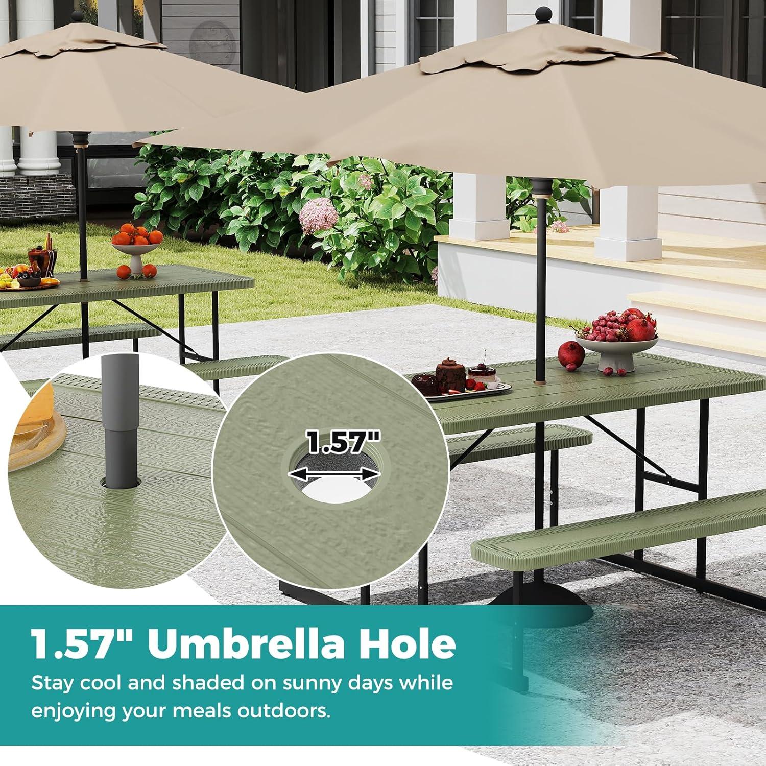 image:imageGiantex Picnic Table Bench Set for 4 People 45FT Outdoor Rectangular Dining Table amp 2 Benches wUmbrella Hole HDPE Tabletop Metal Frame Patio Garden Backyard Poolside 45FTNonFoldableGrayGreen