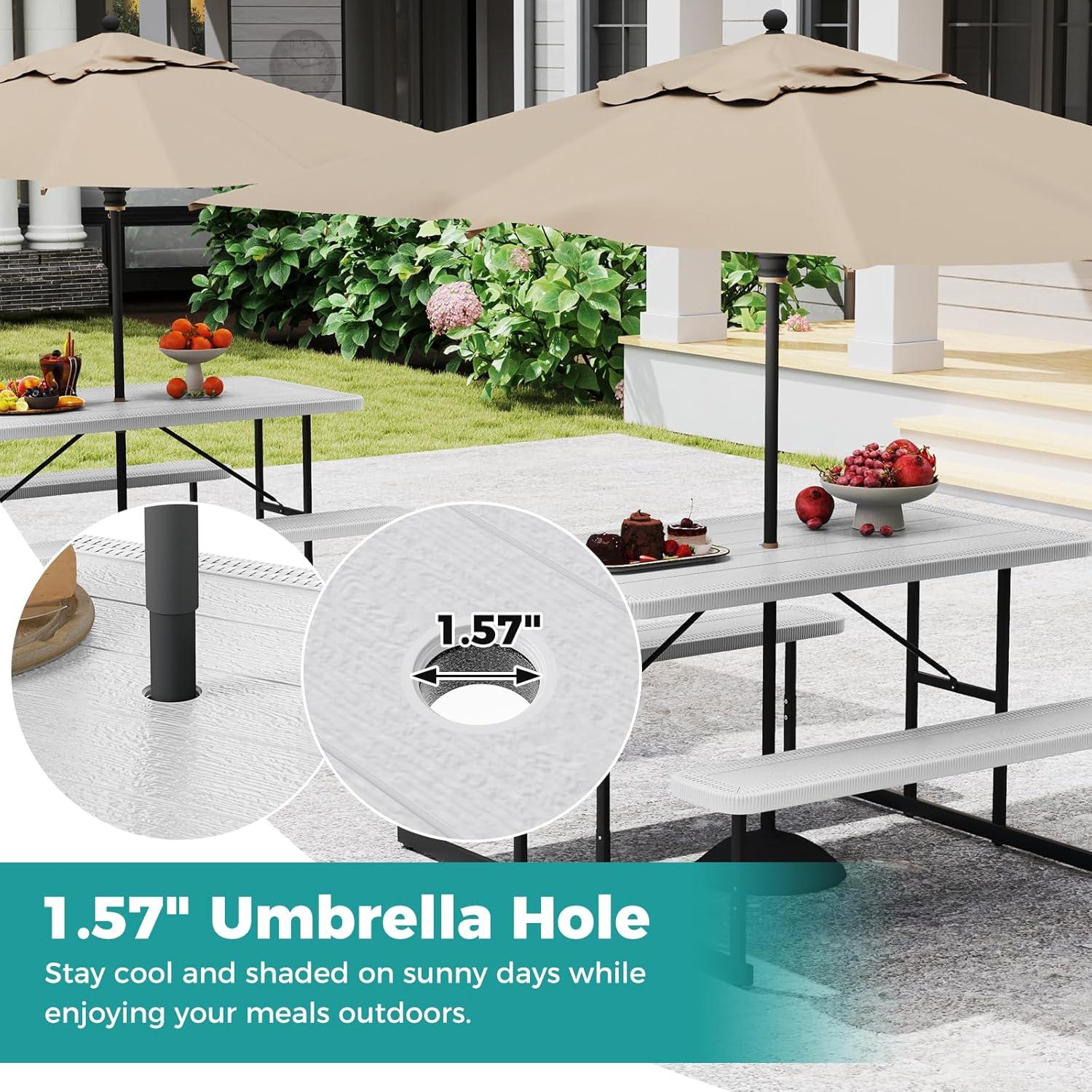 image:imageGiantex Picnic Table Bench Set for 4 People 45FT Outdoor Rectangular Dining Table amp 2 Benches wUmbrella Hole HDPE Tabletop Metal Frame Patio Garden Backyard Poolside 45FTNonFoldableGrayWhite