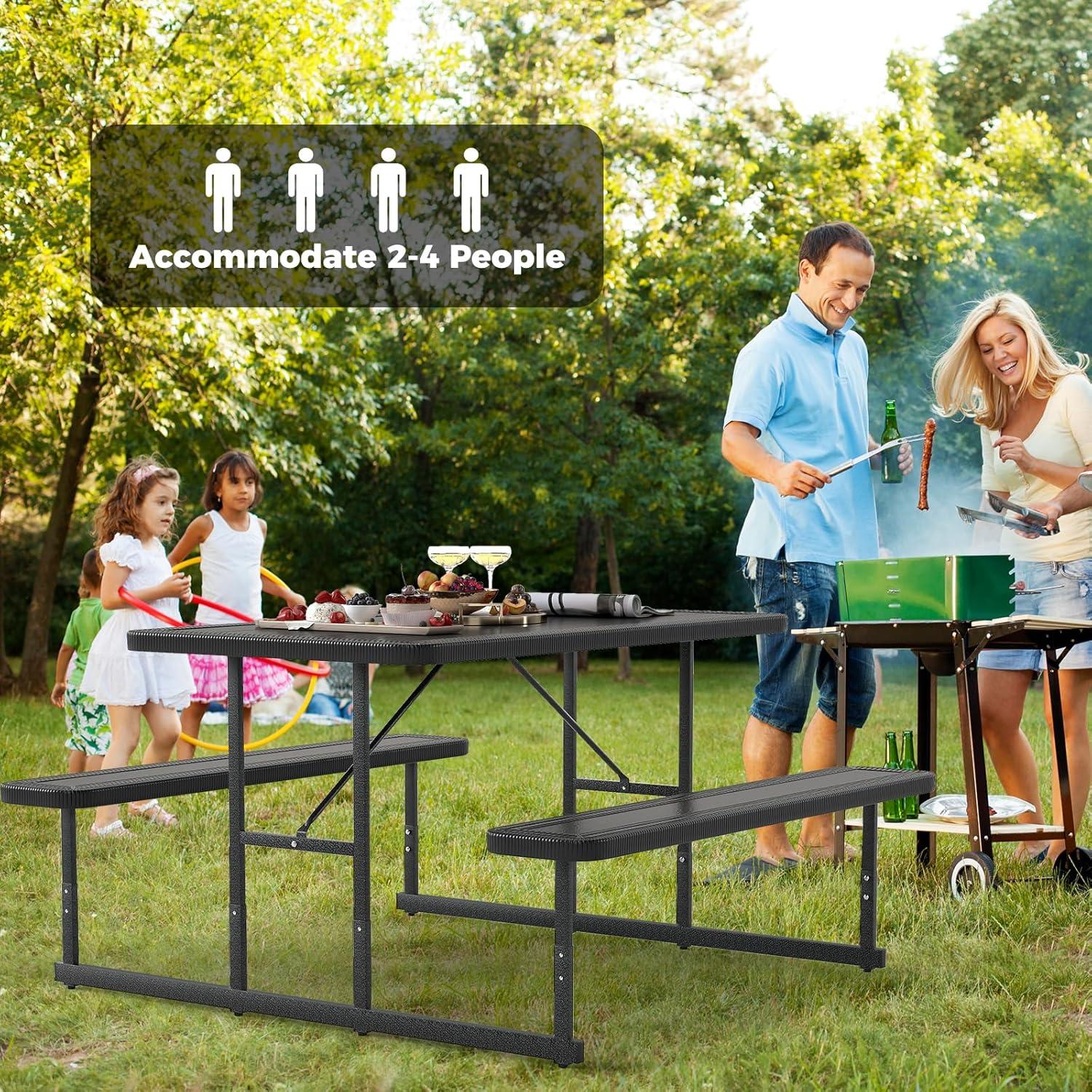 image:imageGiantex Picnic Table Bench Set for 4 People 45FT Outdoor Rectangular Dining Table amp 2 Benches wUmbrella Hole HDPE Tabletop Metal Frame Patio Garden Backyard Poolside 45FTNonFoldableGrayBlack