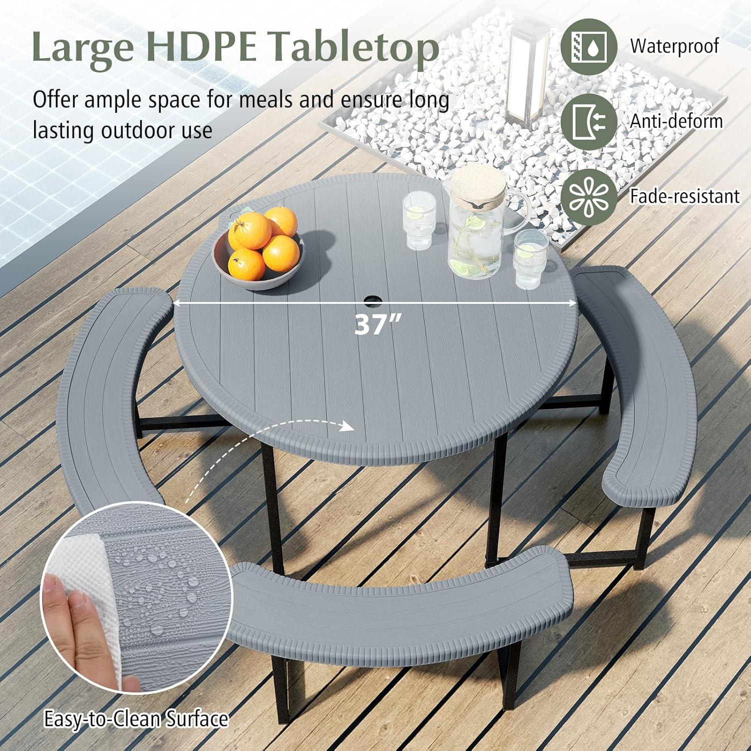 image:imageGiantex Picnic Table Bench Set for 4 People 45FT Outdoor Rectangular Dining Table amp 2 Benches wUmbrella Hole HDPE Tabletop Metal Frame Patio Garden Backyard Poolside 45FTNonFoldableGrayGrey