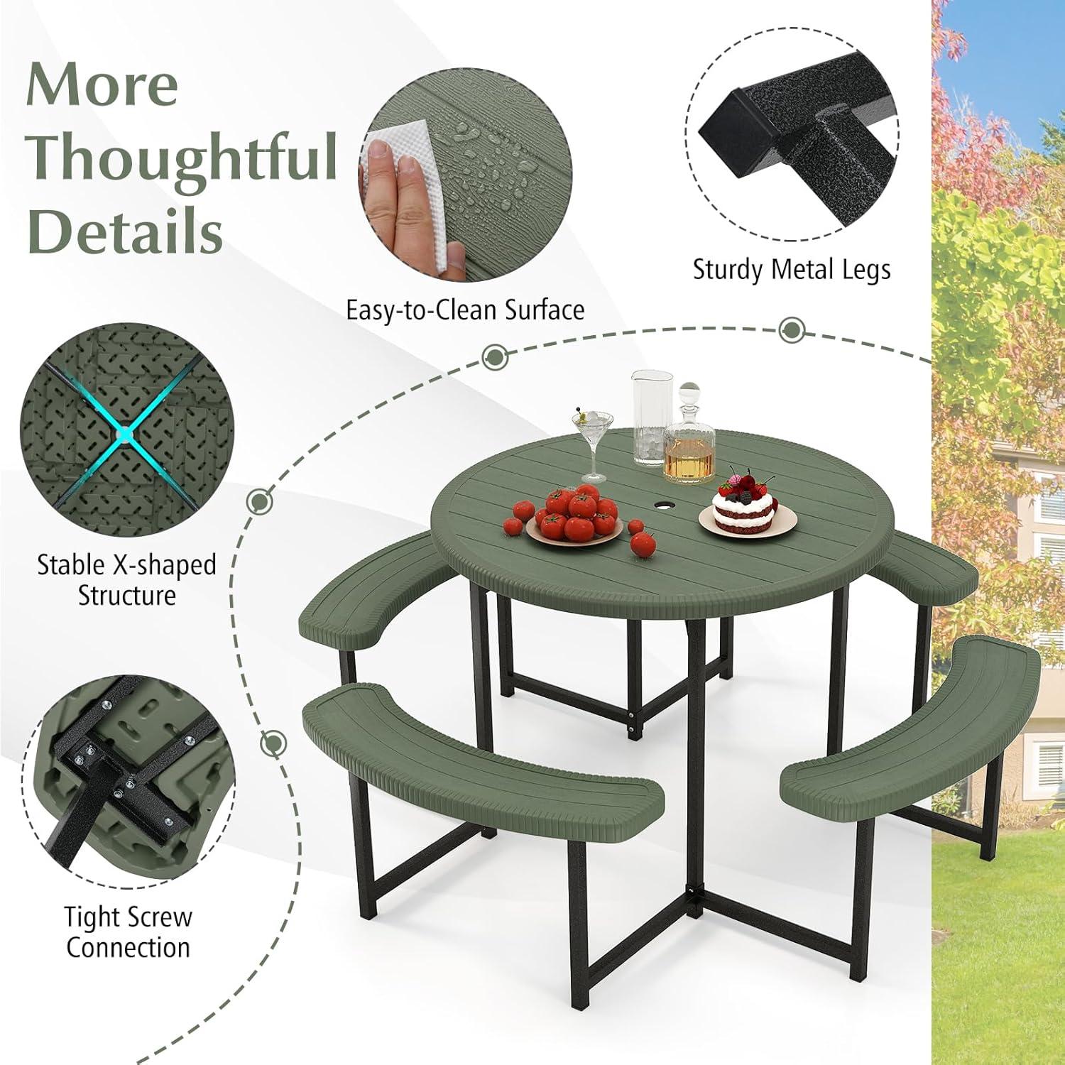 image:imageGiantex Picnic Table Bench Set for 4 People 45FT Outdoor Rectangular Dining Table amp 2 Benches wUmbrella Hole HDPE Tabletop Metal Frame Patio Garden Backyard Poolside 45FTNonFoldableGrayGreen