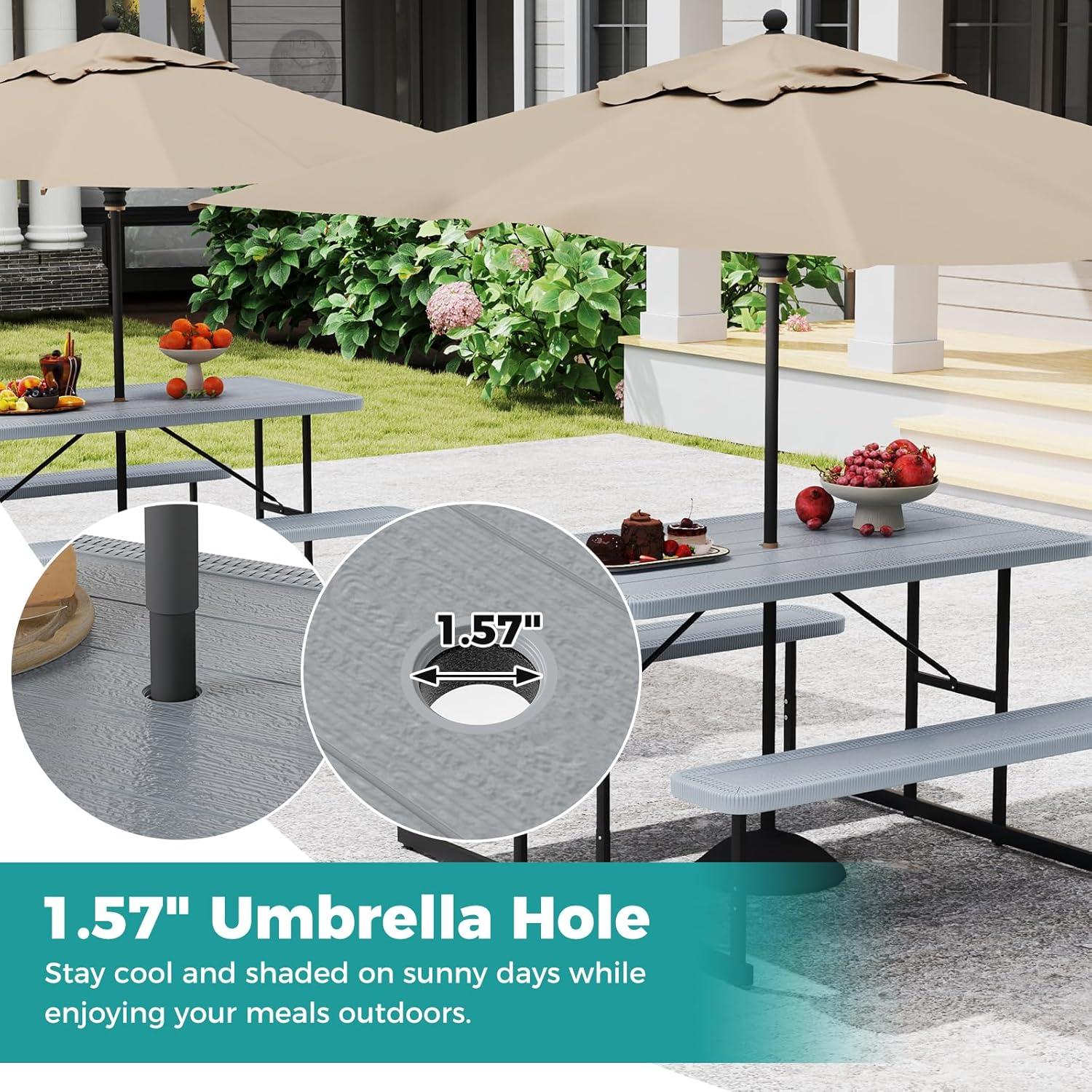 image:imageGiantex Picnic Table Bench Set for 4 People 45FT Outdoor Rectangular Dining Table amp 2 Benches wUmbrella Hole HDPE Tabletop Metal Frame Patio Garden Backyard Poolside 45FTNonFoldableGrayGrey