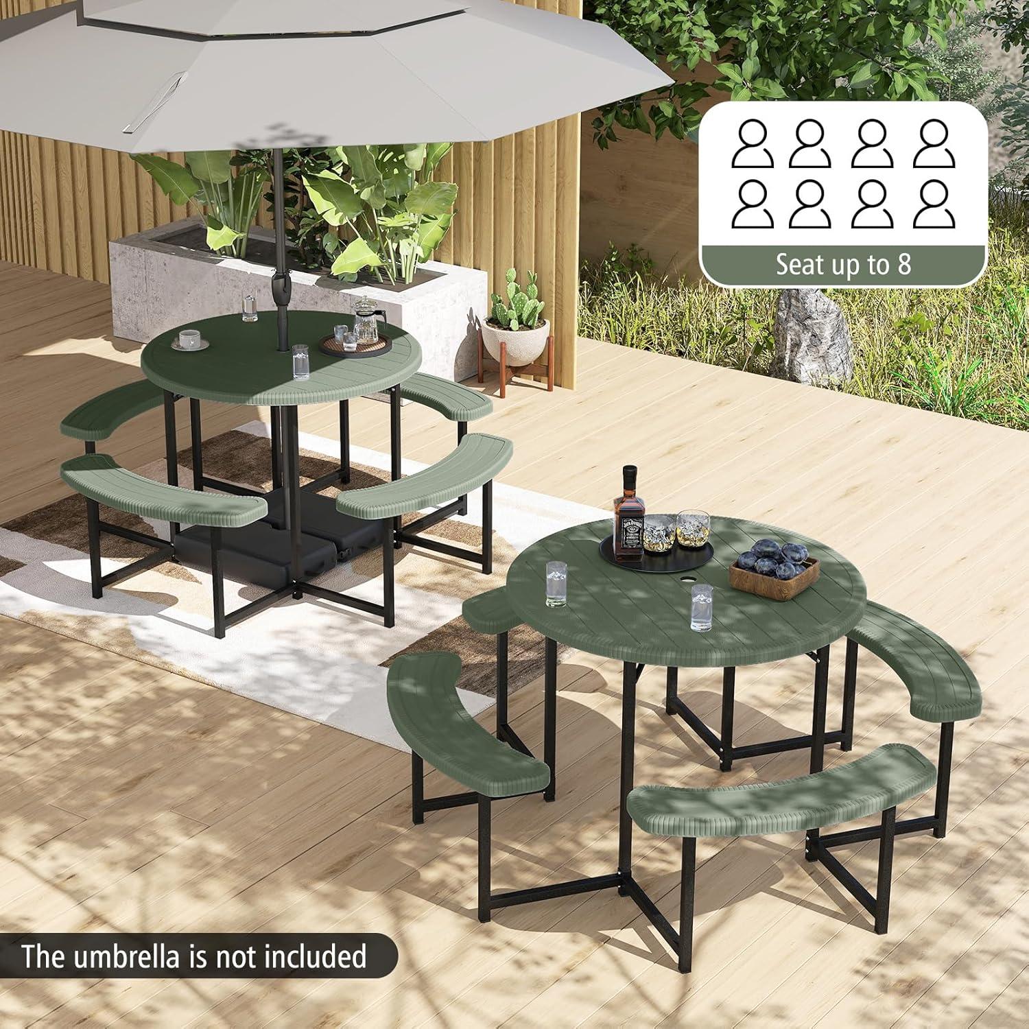 image:imageGiantex Picnic Table Bench Set for 4 People 45FT Outdoor Rectangular Dining Table amp 2 Benches wUmbrella Hole HDPE Tabletop Metal Frame Patio Garden Backyard Poolside 45FTNonFoldableGrayGreen