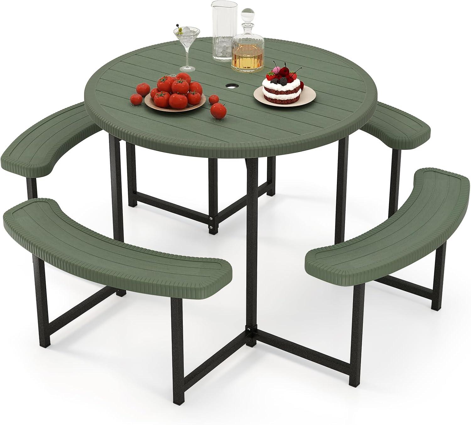 image:imageGiantex Picnic Table Bench Set for 4 People 45FT Outdoor Rectangular Dining Table amp 2 Benches wUmbrella Hole HDPE Tabletop Metal Frame Patio Garden Backyard Poolside 45FTNonFoldableGrayGreen