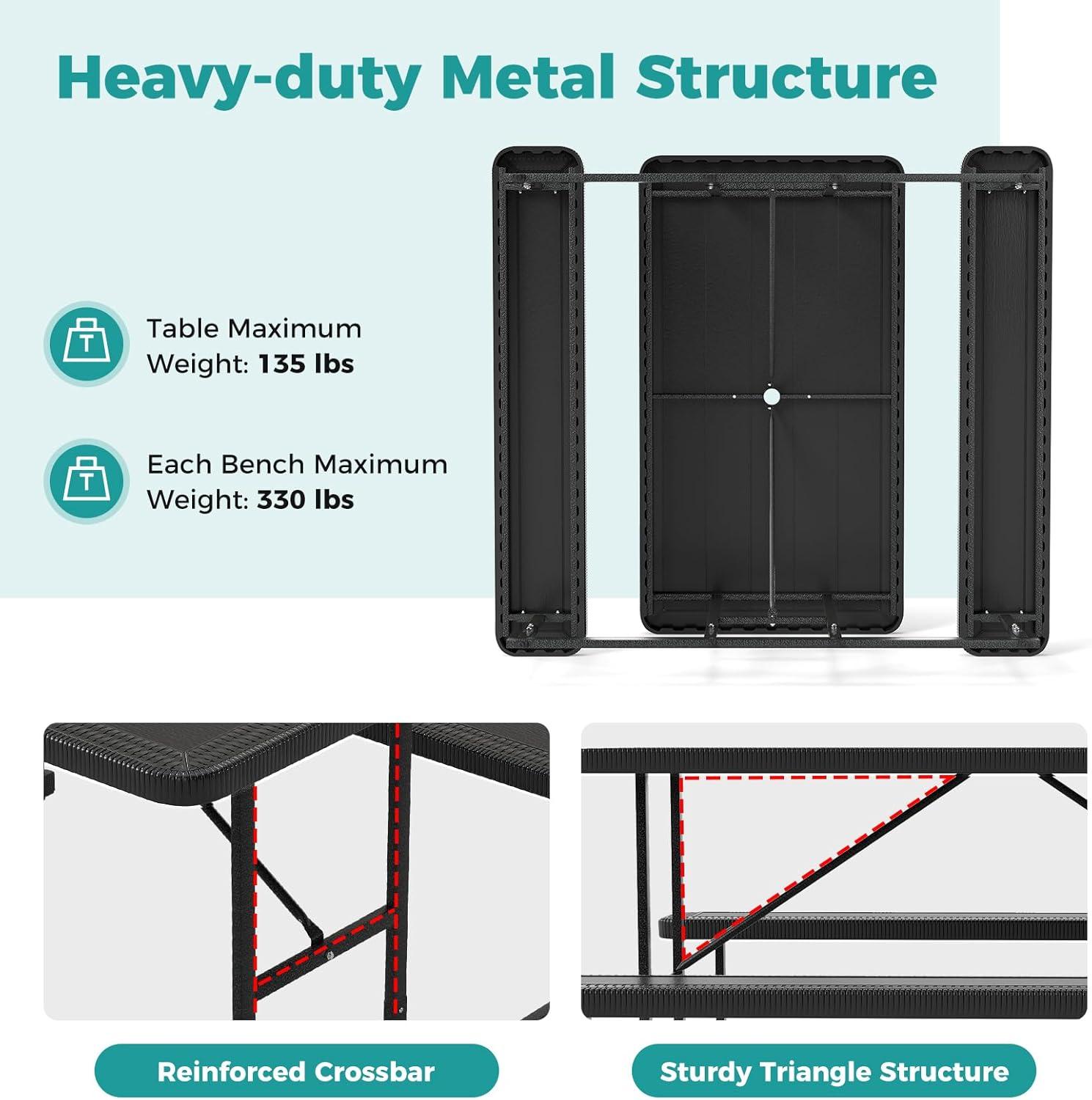 image:imageGiantex Picnic Table Bench Set for 4 People 45FT Outdoor Rectangular Dining Table amp 2 Benches wUmbrella Hole HDPE Tabletop Metal Frame Patio Garden Backyard Poolside 45FTNonFoldableGrayBlack