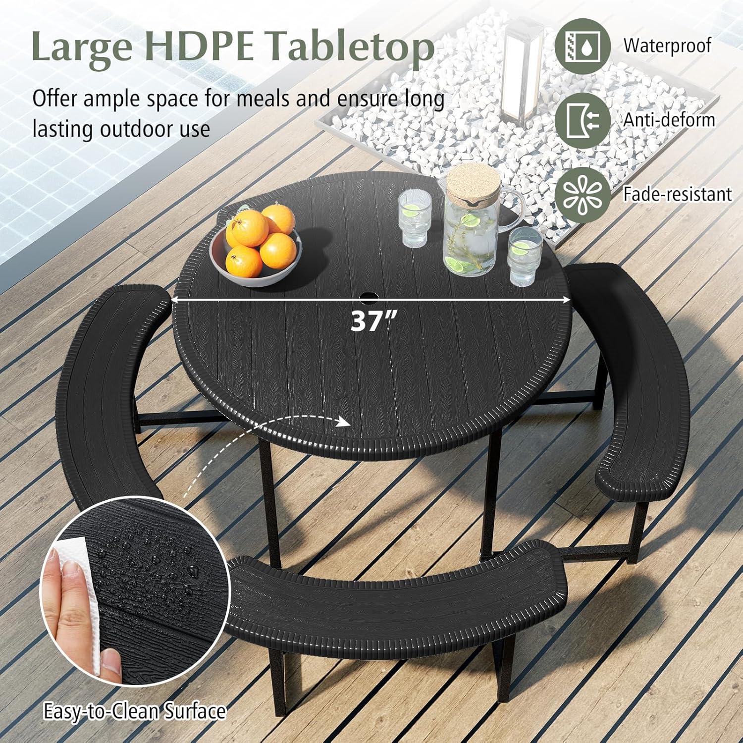 image:imageGiantex Picnic Table Bench Set for 4 People 45FT Outdoor Rectangular Dining Table amp 2 Benches wUmbrella Hole HDPE Tabletop Metal Frame Patio Garden Backyard Poolside 45FTNonFoldableGrayBlack