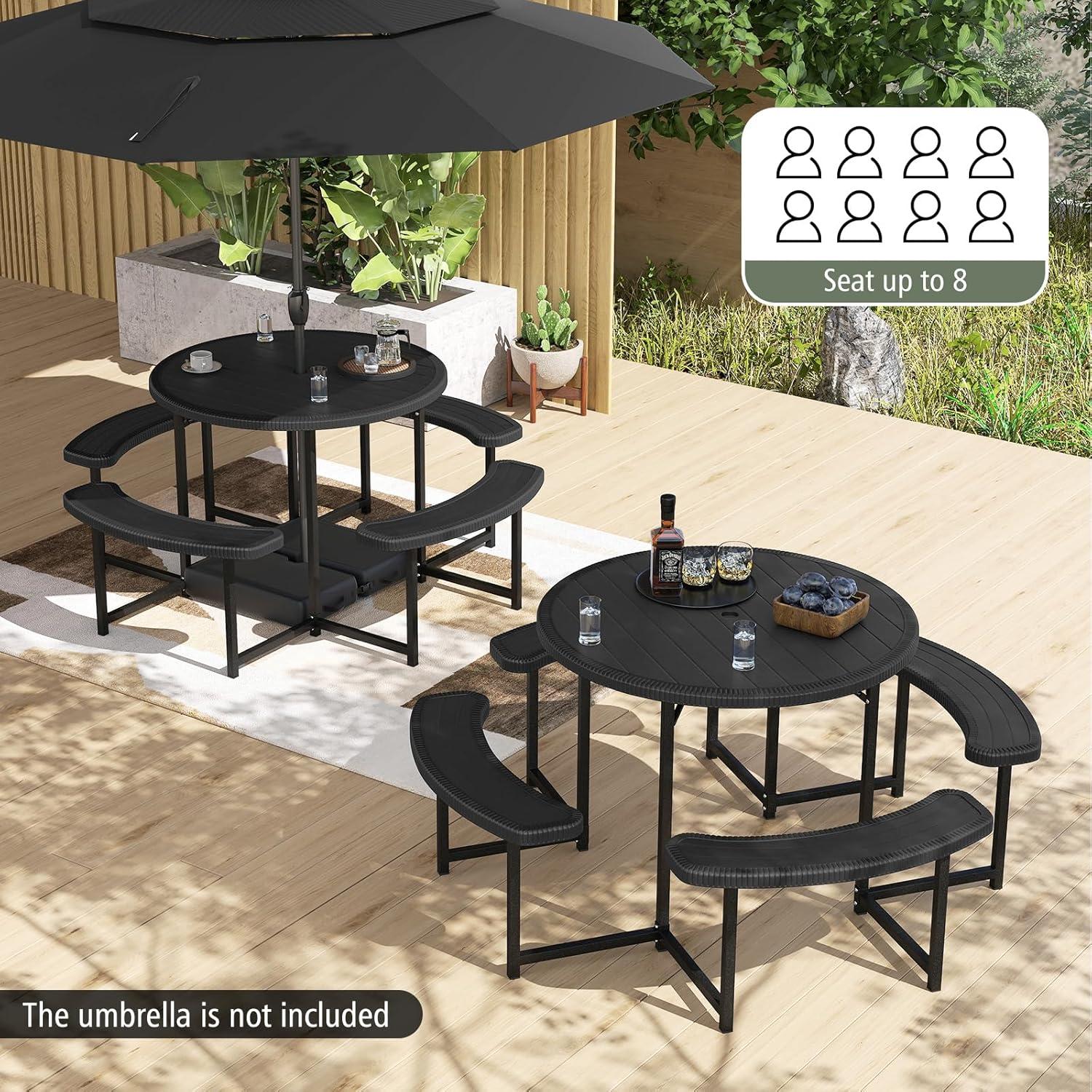 image:imageGiantex Picnic Table Bench Set for 4 People 45FT Outdoor Rectangular Dining Table amp 2 Benches wUmbrella Hole HDPE Tabletop Metal Frame Patio Garden Backyard Poolside 45FTNonFoldableGrayBlack