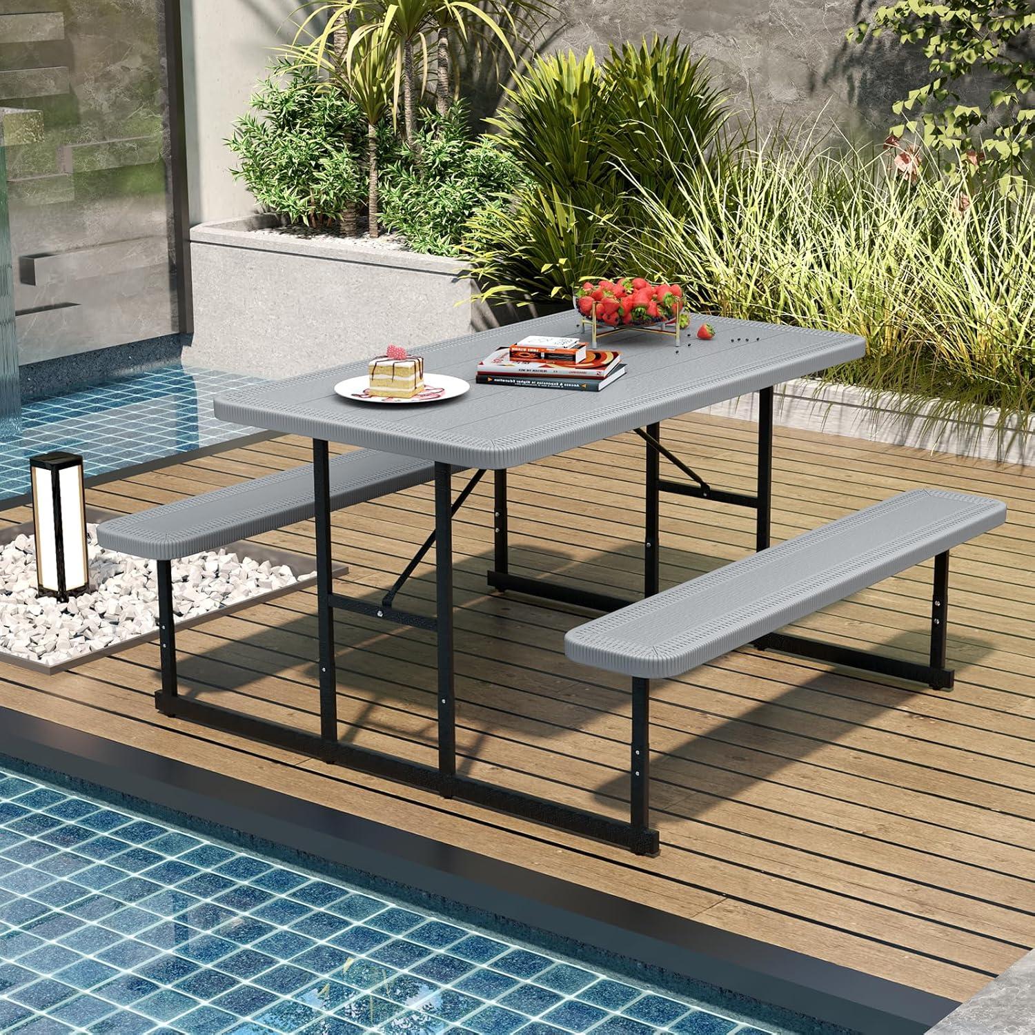 image:imageGiantex Picnic Table Bench Set for 4 People 45FT Outdoor Rectangular Dining Table amp 2 Benches wUmbrella Hole HDPE Tabletop Metal Frame Patio Garden Backyard Poolside 45FTNonFoldableGrayGrey