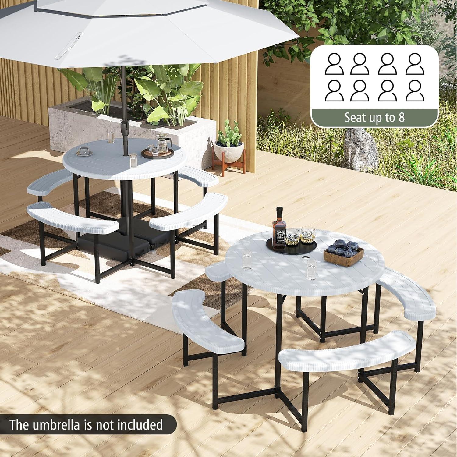 image:imageGiantex Picnic Table Bench Set for 4 People 45FT Outdoor Rectangular Dining Table amp 2 Benches wUmbrella Hole HDPE Tabletop Metal Frame Patio Garden Backyard Poolside 45FTNonFoldableGrayWhite