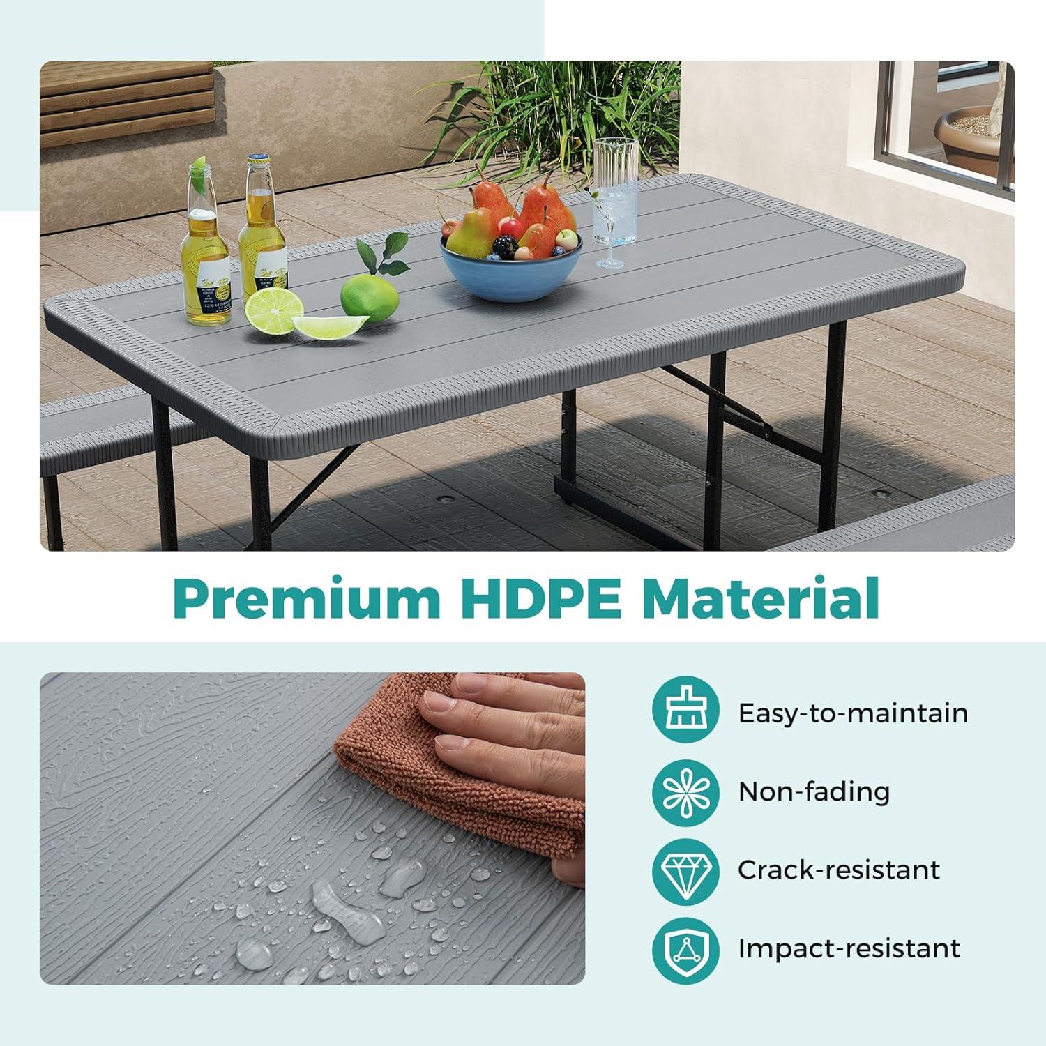 image:imageGiantex Picnic Table Bench Set for 4 People 45FT Outdoor Rectangular Dining Table amp 2 Benches wUmbrella Hole HDPE Tabletop Metal Frame Patio Garden Backyard Poolside 45FTNonFoldableGrayGrey