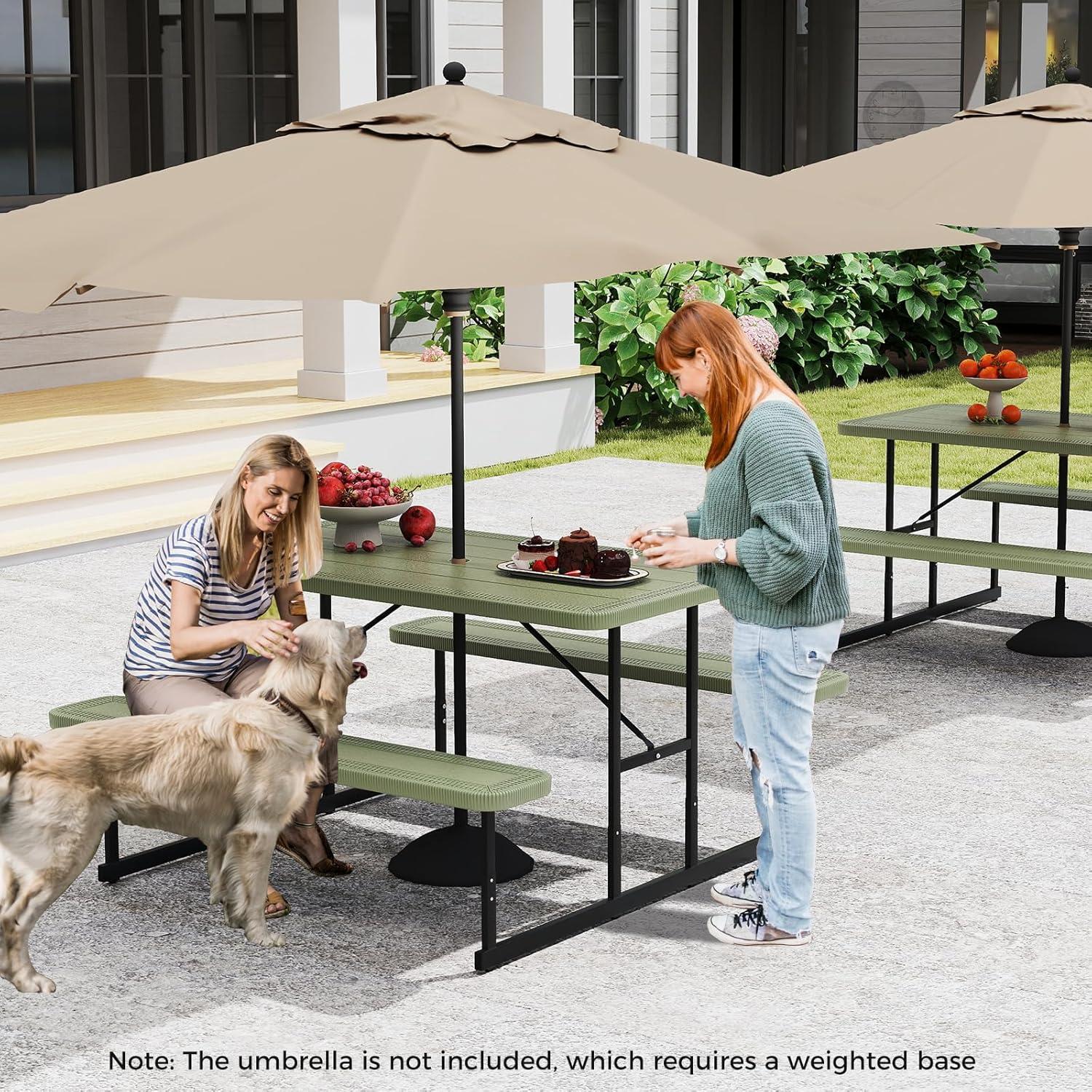 image:imageGiantex Picnic Table Bench Set for 4 People 45FT Outdoor Rectangular Dining Table amp 2 Benches wUmbrella Hole HDPE Tabletop Metal Frame Patio Garden Backyard Poolside 45FTNonFoldableGrayGreen