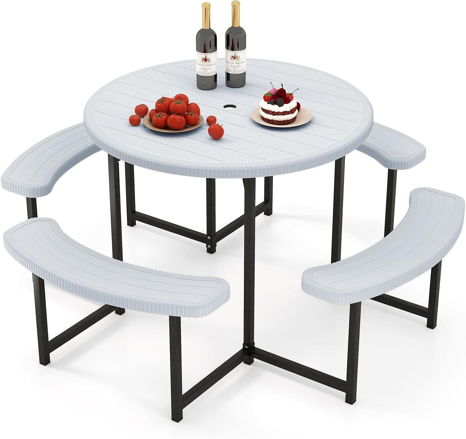 image:imageGiantex Picnic Table Bench Set for 4 People 45FT Outdoor Rectangular Dining Table amp 2 Benches wUmbrella Hole HDPE Tabletop Metal Frame Patio Garden Backyard Poolside 45FTNonFoldableGrayWhite