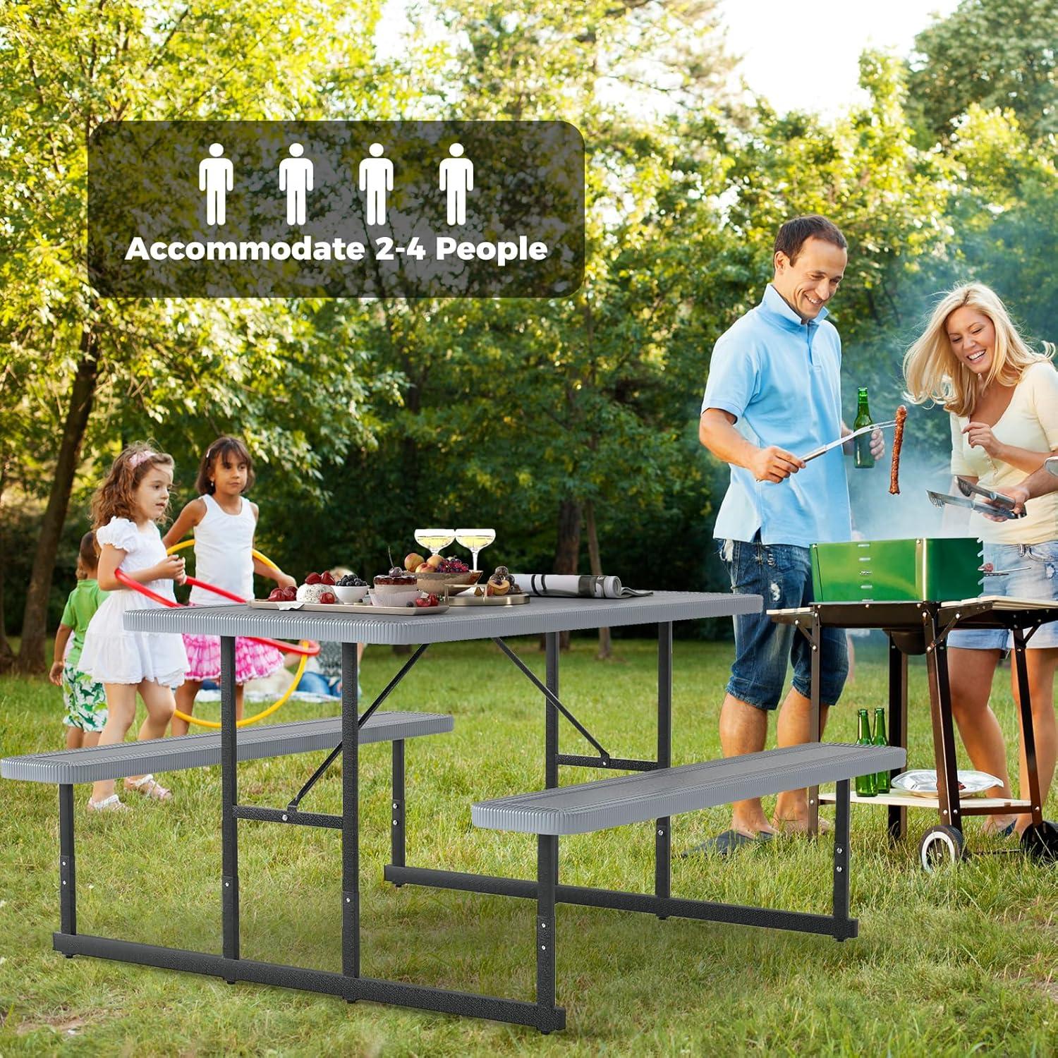 image:imageGiantex Picnic Table Bench Set for 4 People 45FT Outdoor Rectangular Dining Table amp 2 Benches wUmbrella Hole HDPE Tabletop Metal Frame Patio Garden Backyard Poolside 45FTNonFoldableGrayGrey