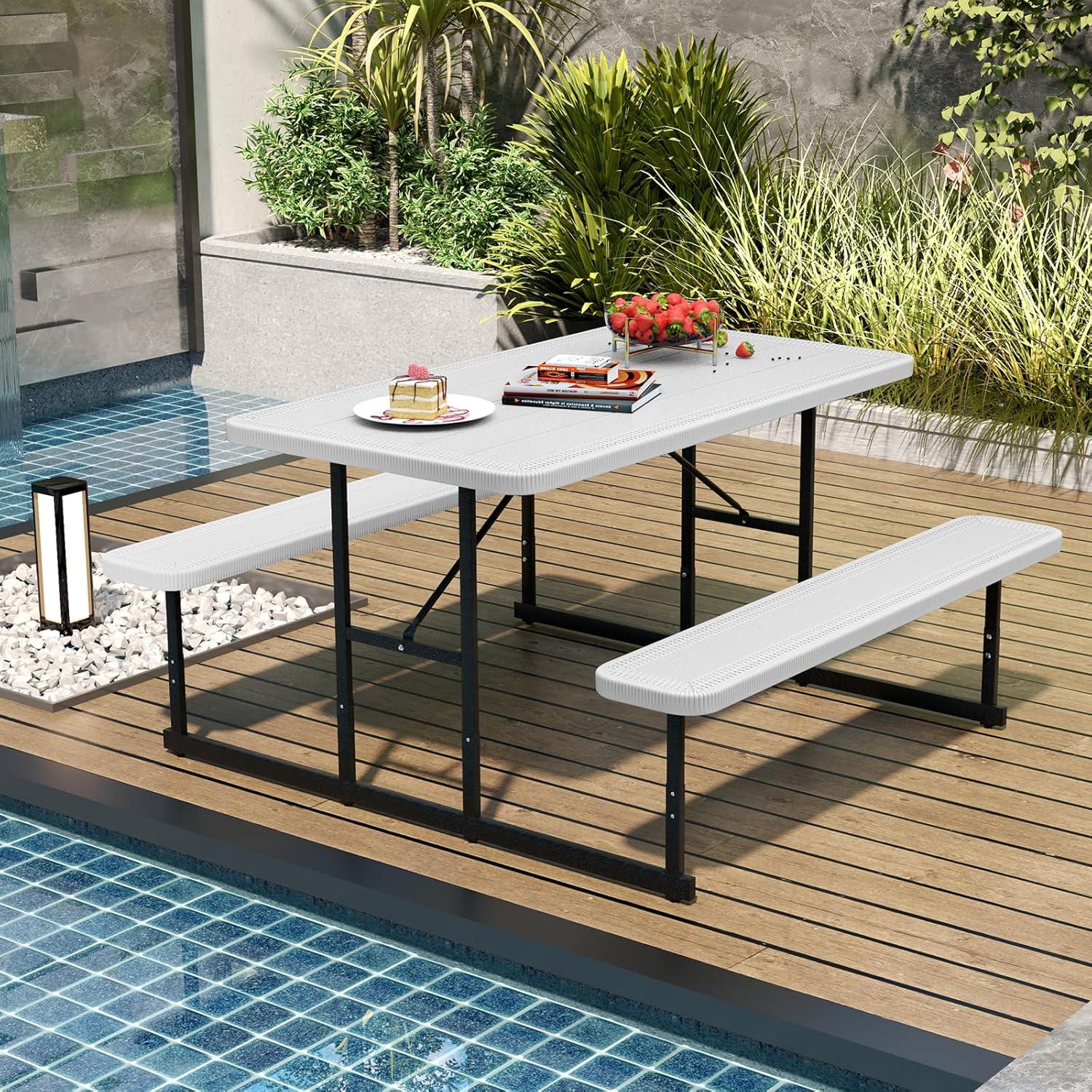 image:imageGiantex Picnic Table Bench Set for 4 People 45FT Outdoor Rectangular Dining Table amp 2 Benches wUmbrella Hole HDPE Tabletop Metal Frame Patio Garden Backyard Poolside 45FTNonFoldableGrayWhite