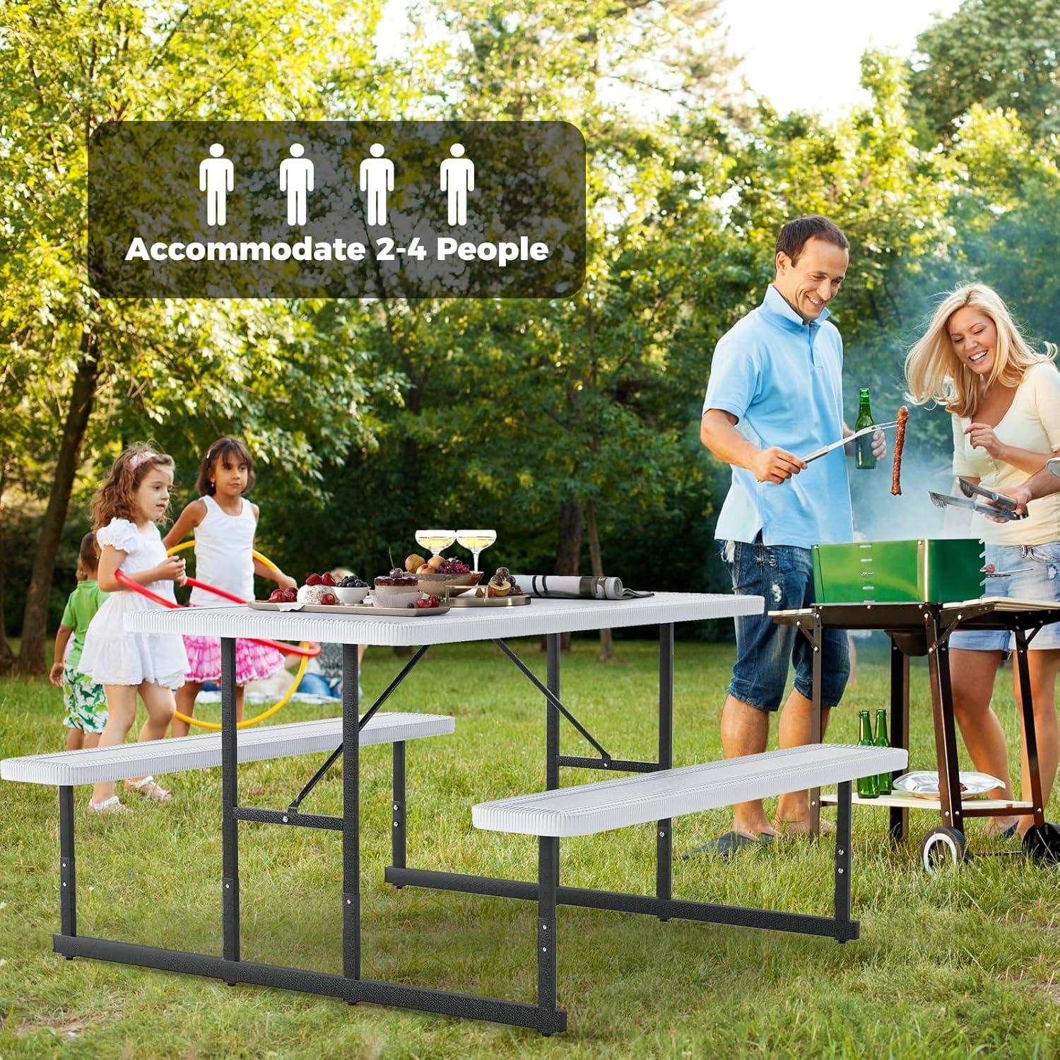 image:imageGiantex Picnic Table Bench Set for 4 People 45FT Outdoor Rectangular Dining Table amp 2 Benches wUmbrella Hole HDPE Tabletop Metal Frame Patio Garden Backyard Poolside 45FTNonFoldableGrayWhite