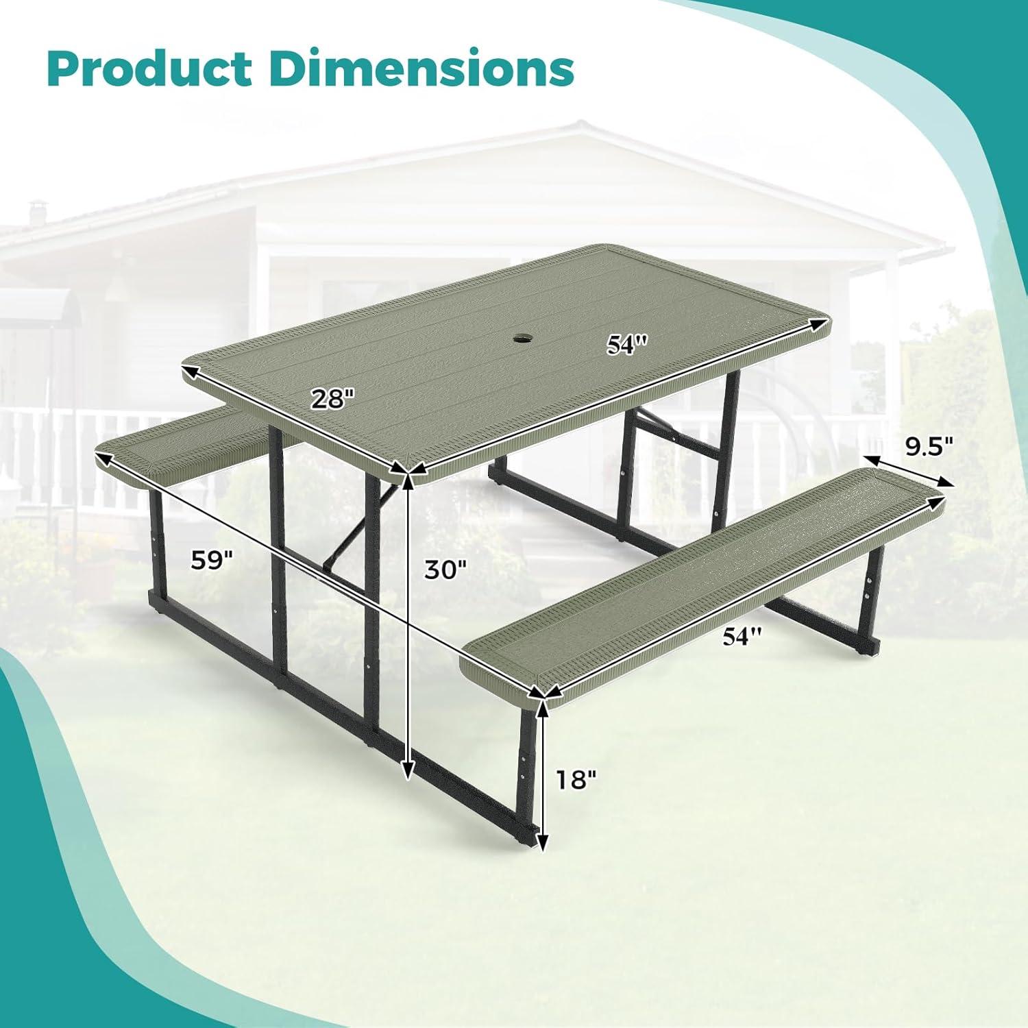 image:imageGiantex Picnic Table Bench Set for 4 People 45FT Outdoor Rectangular Dining Table amp 2 Benches wUmbrella Hole HDPE Tabletop Metal Frame Patio Garden Backyard Poolside 45FTNonFoldableGrayGreen