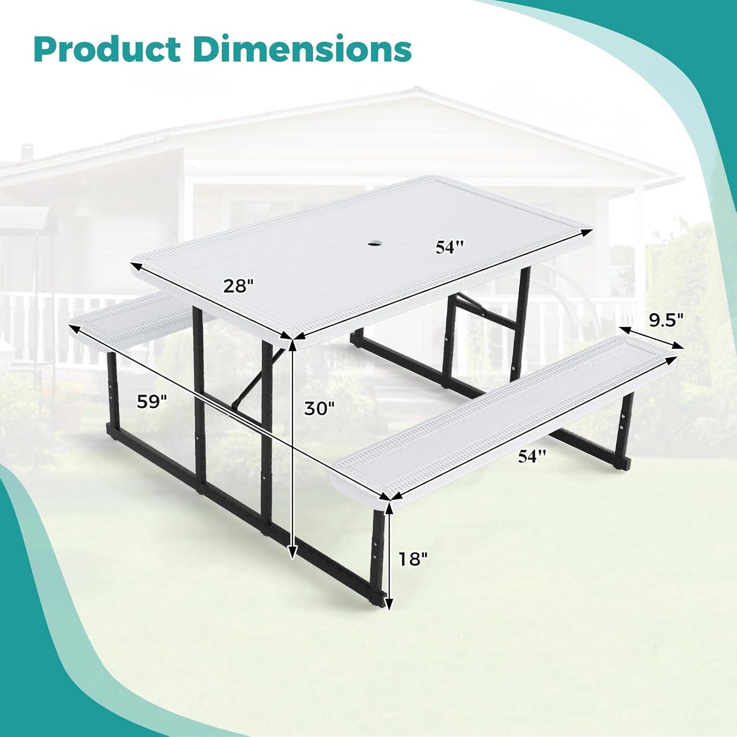 image:imageGiantex Picnic Table Bench Set for 4 People 45FT Outdoor Rectangular Dining Table amp 2 Benches wUmbrella Hole HDPE Tabletop Metal Frame Patio Garden Backyard Poolside 45FTNonFoldableGrayWhite