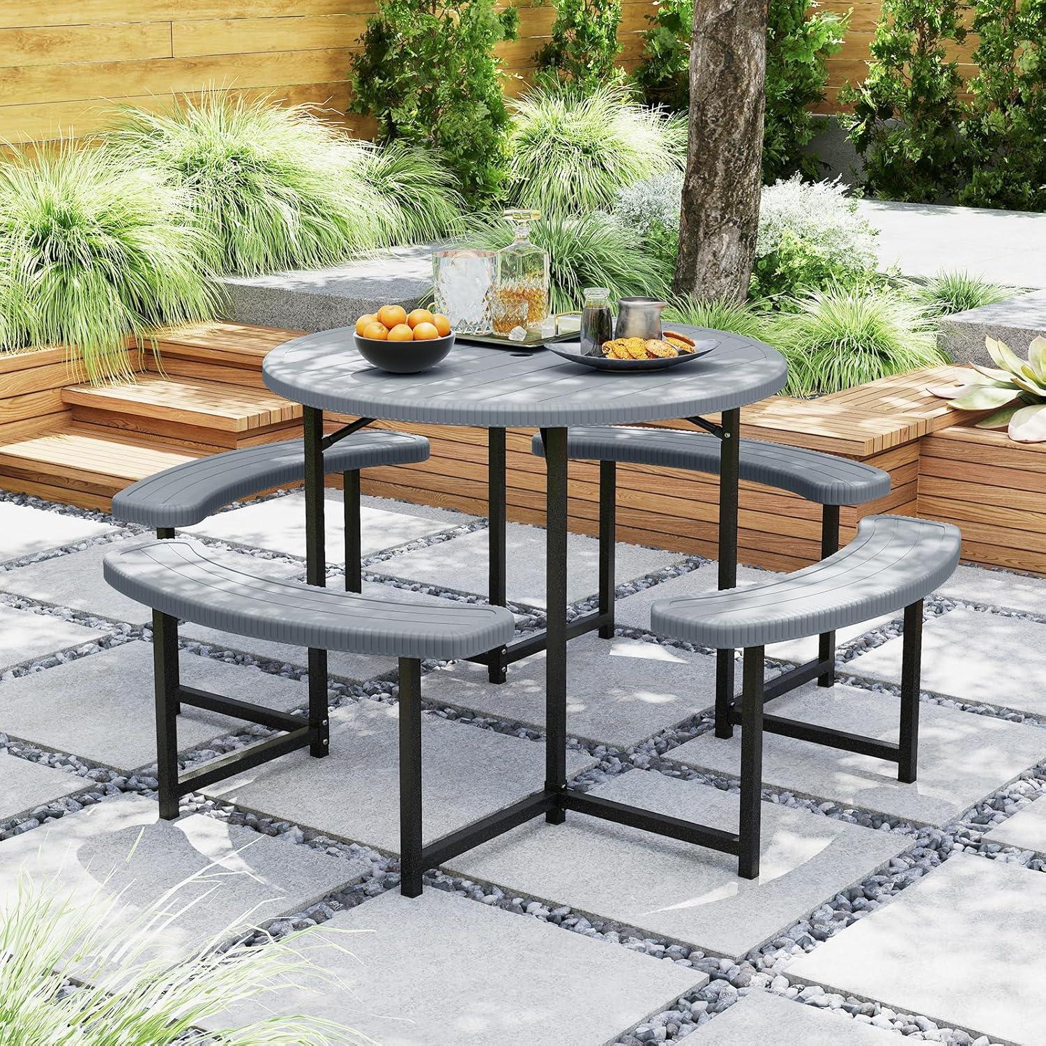 image:imageGiantex Picnic Table Bench Set for 4 People 45FT Outdoor Rectangular Dining Table amp 2 Benches wUmbrella Hole HDPE Tabletop Metal Frame Patio Garden Backyard Poolside 45FTNonFoldableGrayGrey