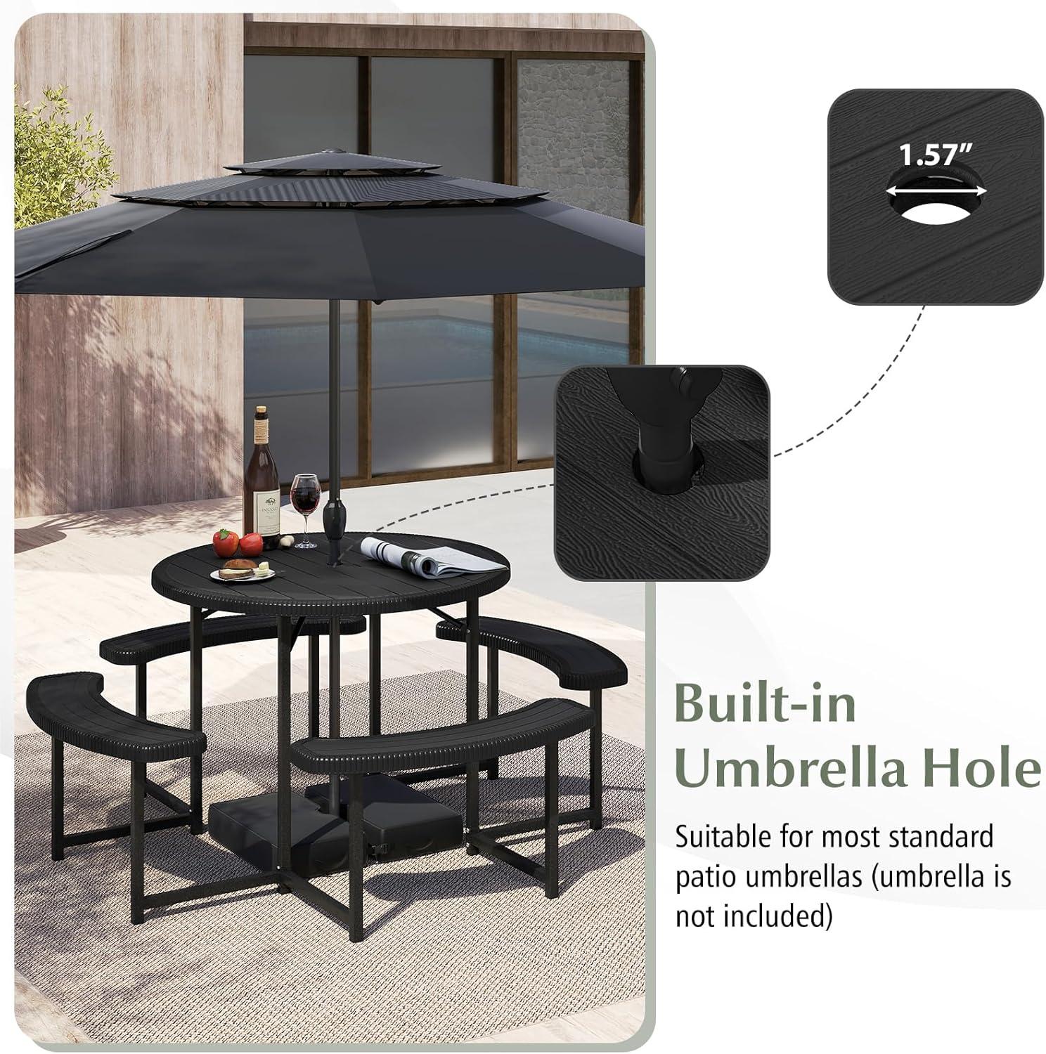image:imageGiantex Picnic Table Bench Set for 4 People 45FT Outdoor Rectangular Dining Table amp 2 Benches wUmbrella Hole HDPE Tabletop Metal Frame Patio Garden Backyard Poolside 45FTNonFoldableGrayBlack