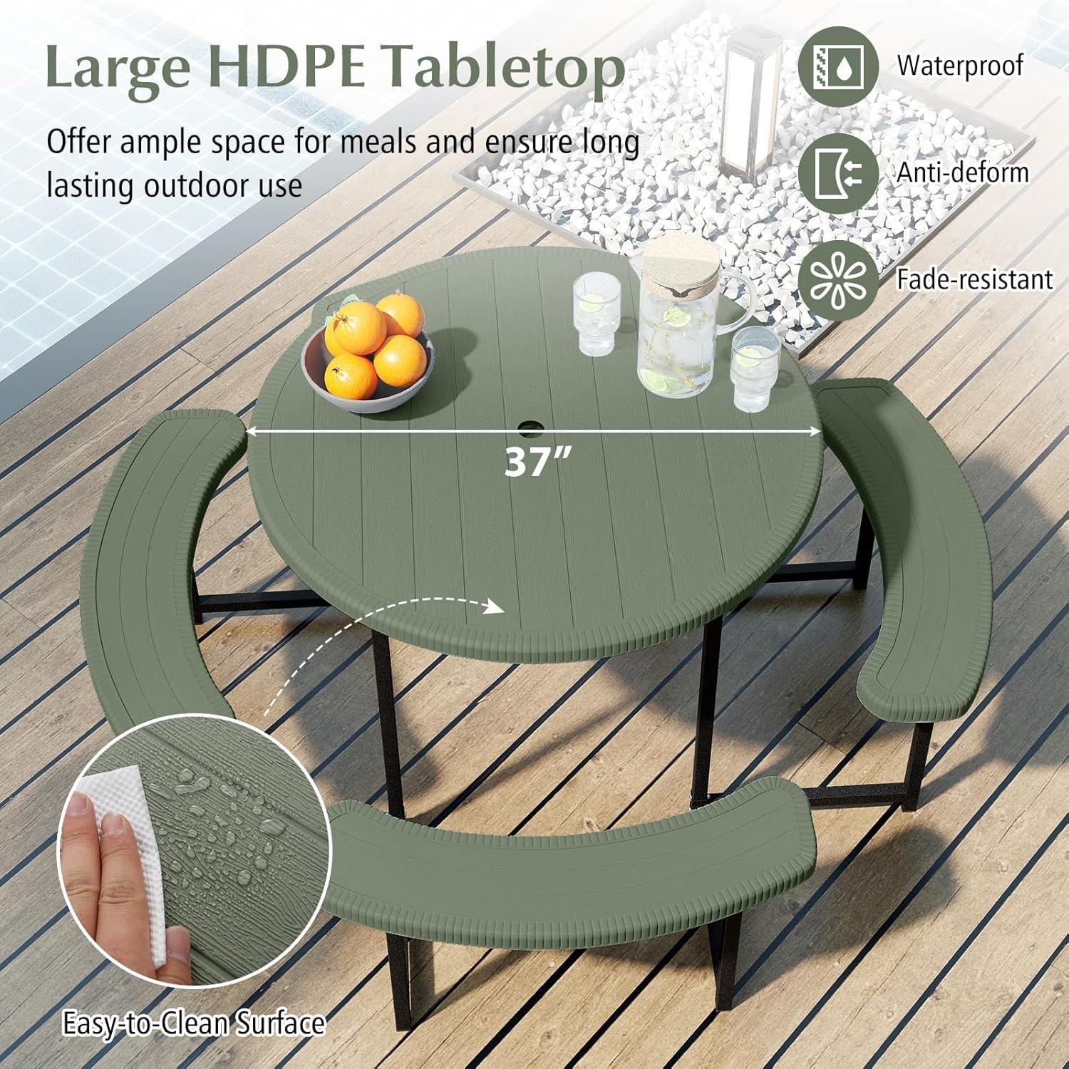 image:imageGiantex Picnic Table Bench Set for 4 People 45FT Outdoor Rectangular Dining Table amp 2 Benches wUmbrella Hole HDPE Tabletop Metal Frame Patio Garden Backyard Poolside 45FTNonFoldableGrayGreen