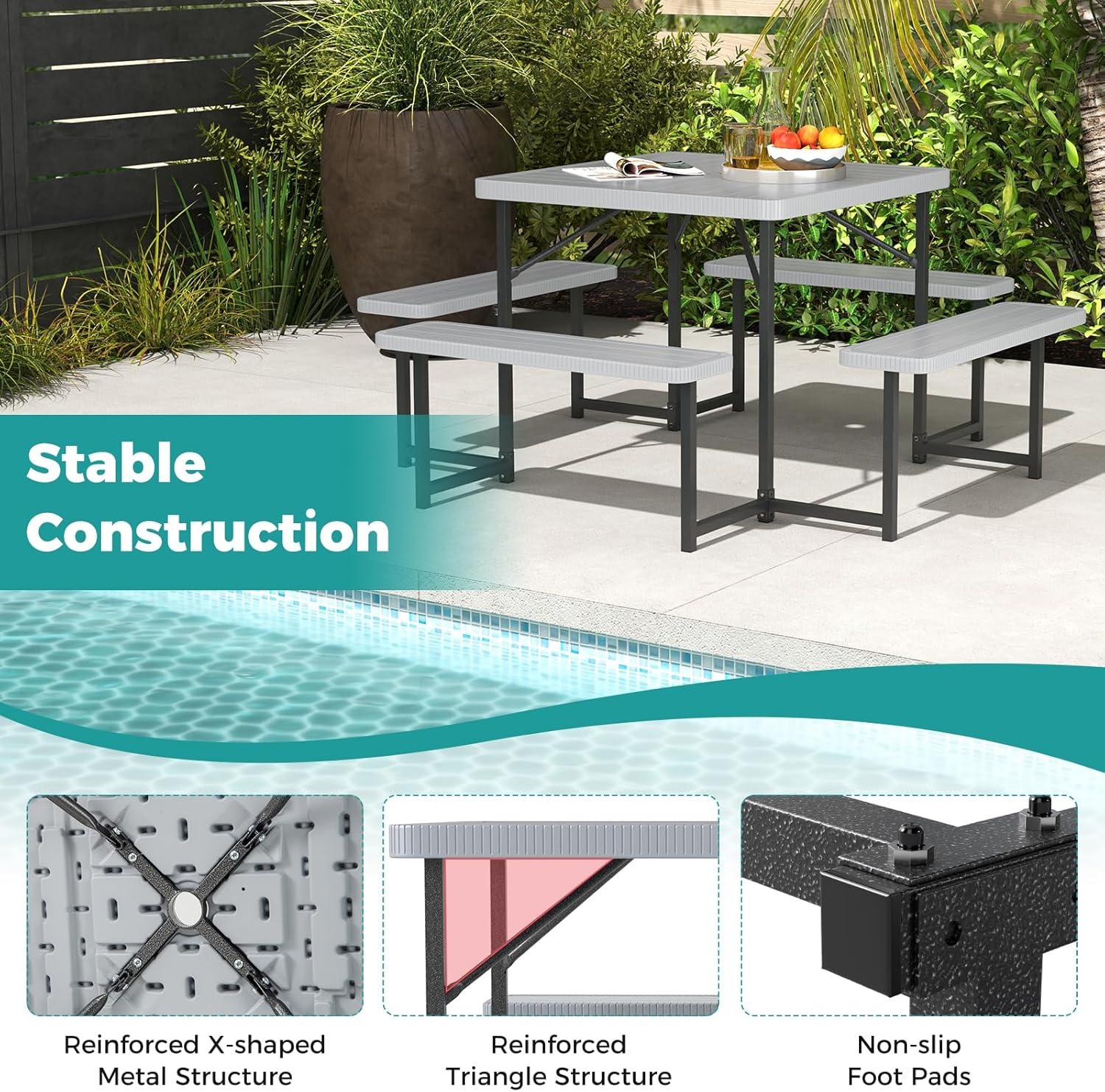 image:imageGiantex Picnic Table Bench Set for 4 People 45FT Outdoor Rectangular Dining Table amp 2 Benches wUmbrella Hole HDPE Tabletop Metal Frame Patio Garden Backyard Poolside 45FTNonFoldableGrayGrey