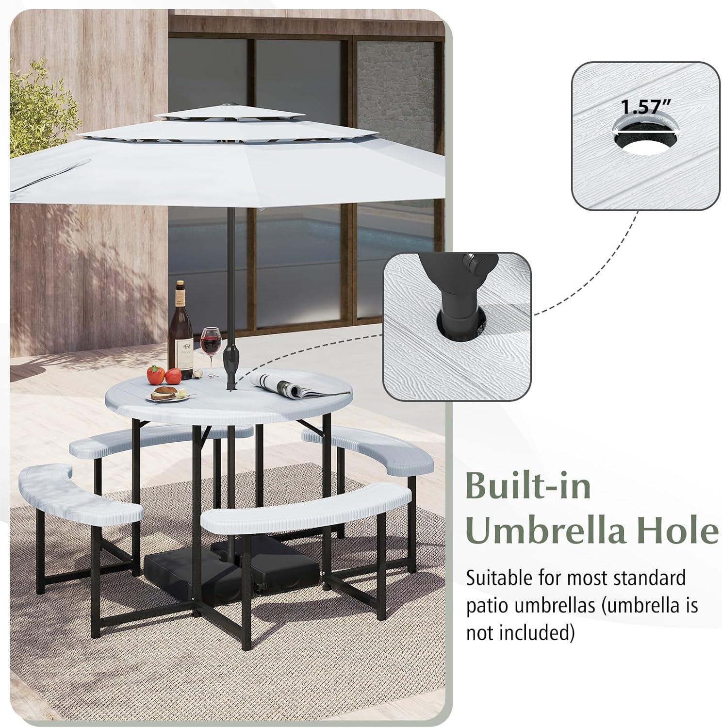image:imageGiantex Picnic Table Bench Set for 4 People 45FT Outdoor Rectangular Dining Table amp 2 Benches wUmbrella Hole HDPE Tabletop Metal Frame Patio Garden Backyard Poolside 45FTNonFoldableGrayWhite