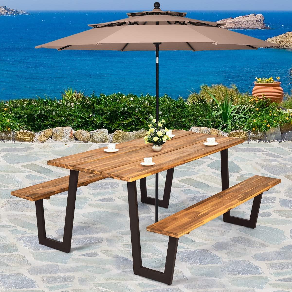 image:imageGiantex Picnic Table Bench Set with Umbrella Hole Outdoor Dining Table Set 70 Acacia Wood Picnic Beer Table with Metal Frame PatentedRustic