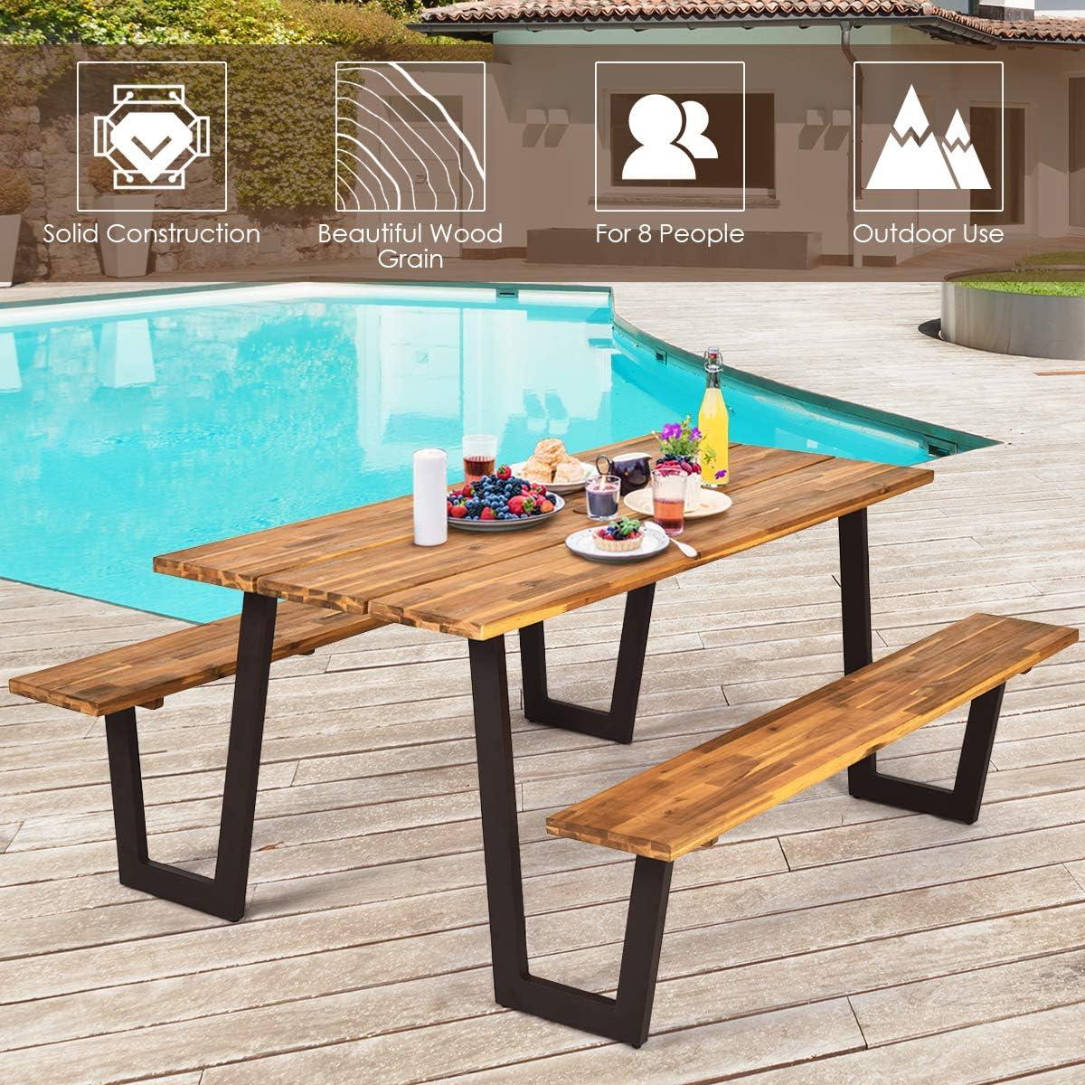 image:imageGiantex Picnic Table Bench Set with Umbrella Hole Outdoor Dining Table Set 70 Acacia Wood Picnic Beer Table with Metal Frame PatentedRustic