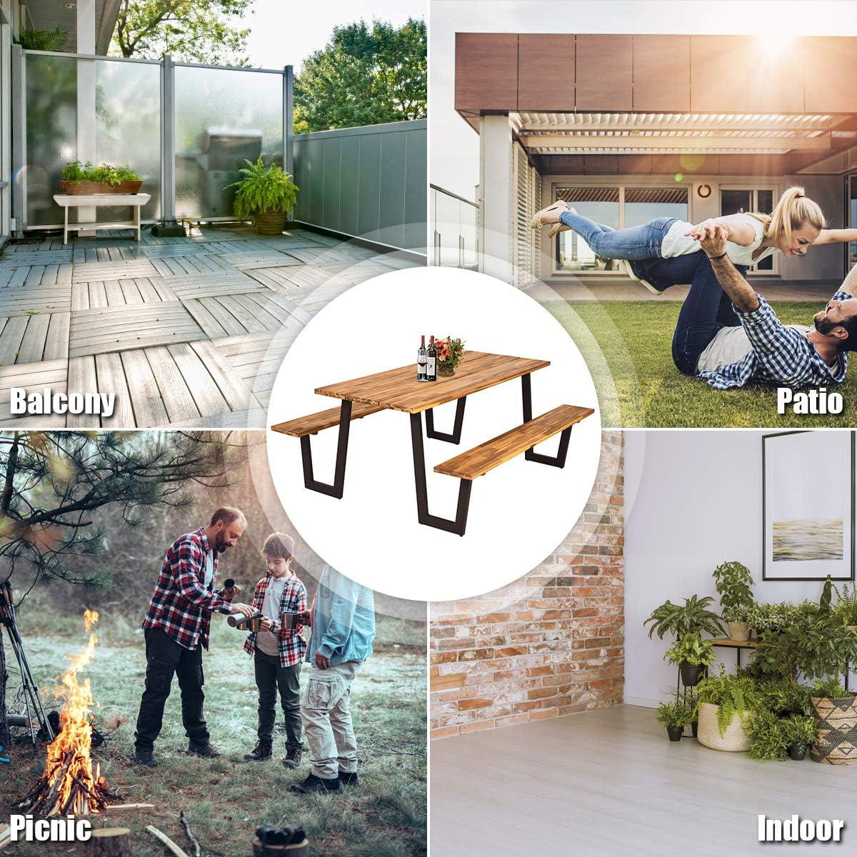 image:imageGiantex Picnic Table Bench Set with Umbrella Hole Outdoor Dining Table Set 70 Acacia Wood Picnic Beer Table with Metal Frame PatentedRustic