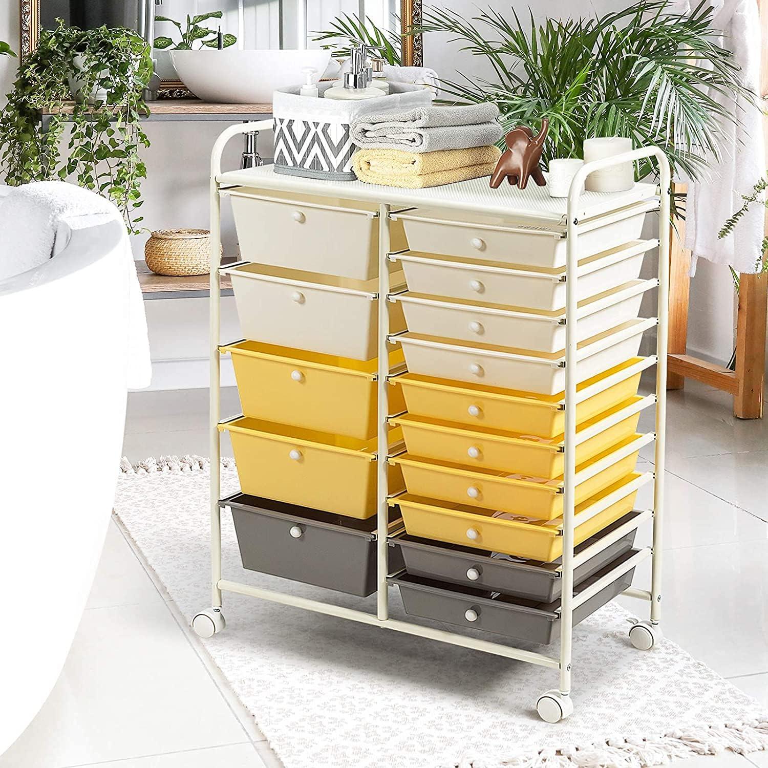 image:imageGiantex Plastic Boxes 15 Drawer Rolling Organizer Cart Utility Storage Tools Scrapbook Paper MultiUse Yellow