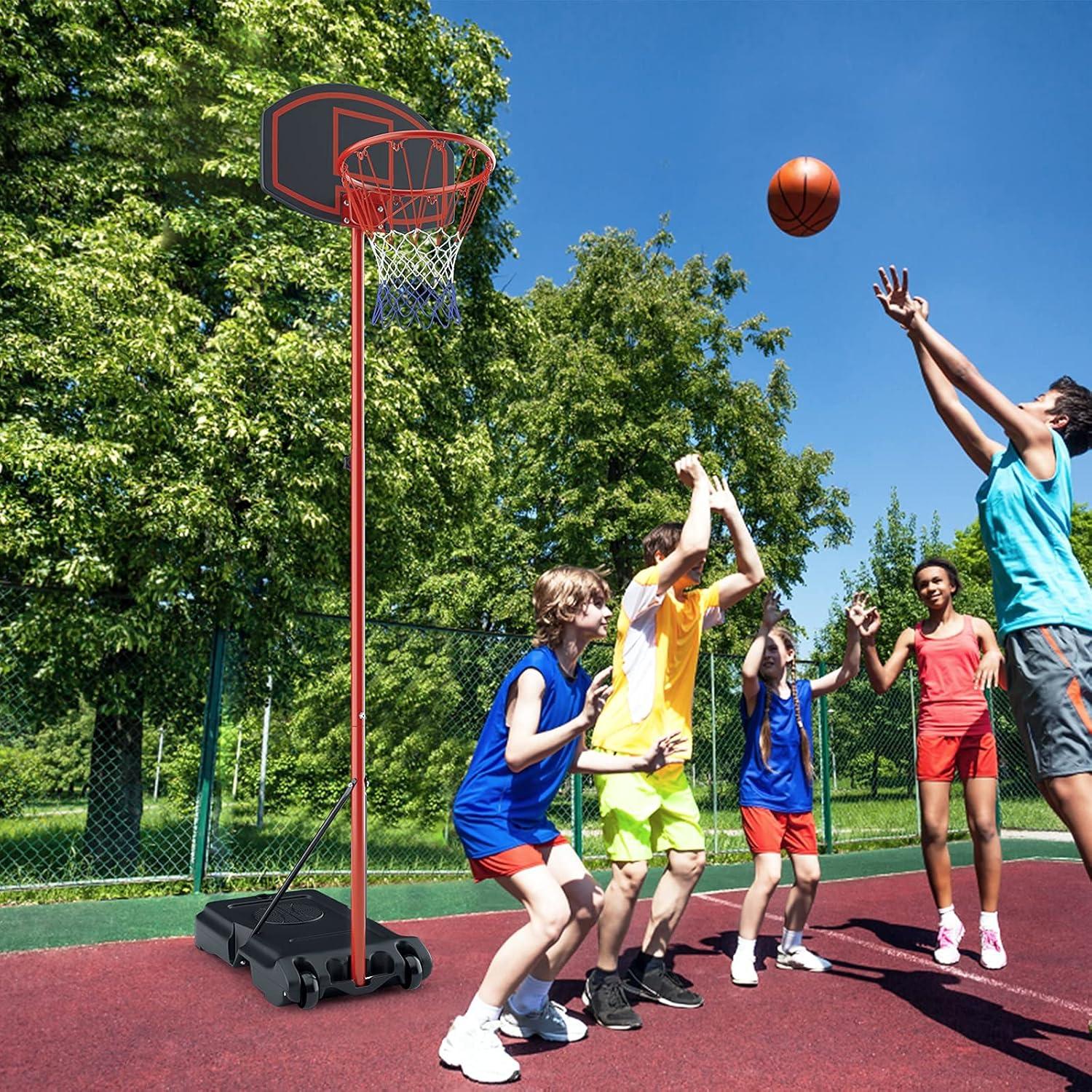 image:imageGiantex Portable Basketball Hoop Adjustable Height 6585 FT Backboard System Stand with 2 Wheels Fillable Base WeatherResistant Nylon Net Basketball Goal Indoor Outdoor for Kids Youth