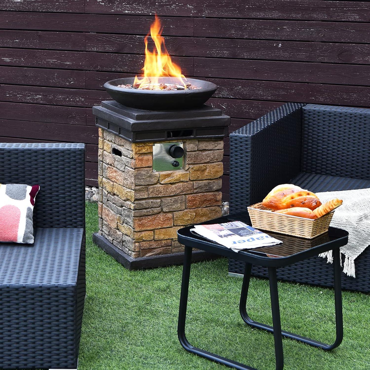 image:imageGiantex Propane Fire Bowl Column 40000 BTU Outdoor Gas Fire Pit Compact Ledge Stone Firepit Table with Lava Rocks and Rain Cover