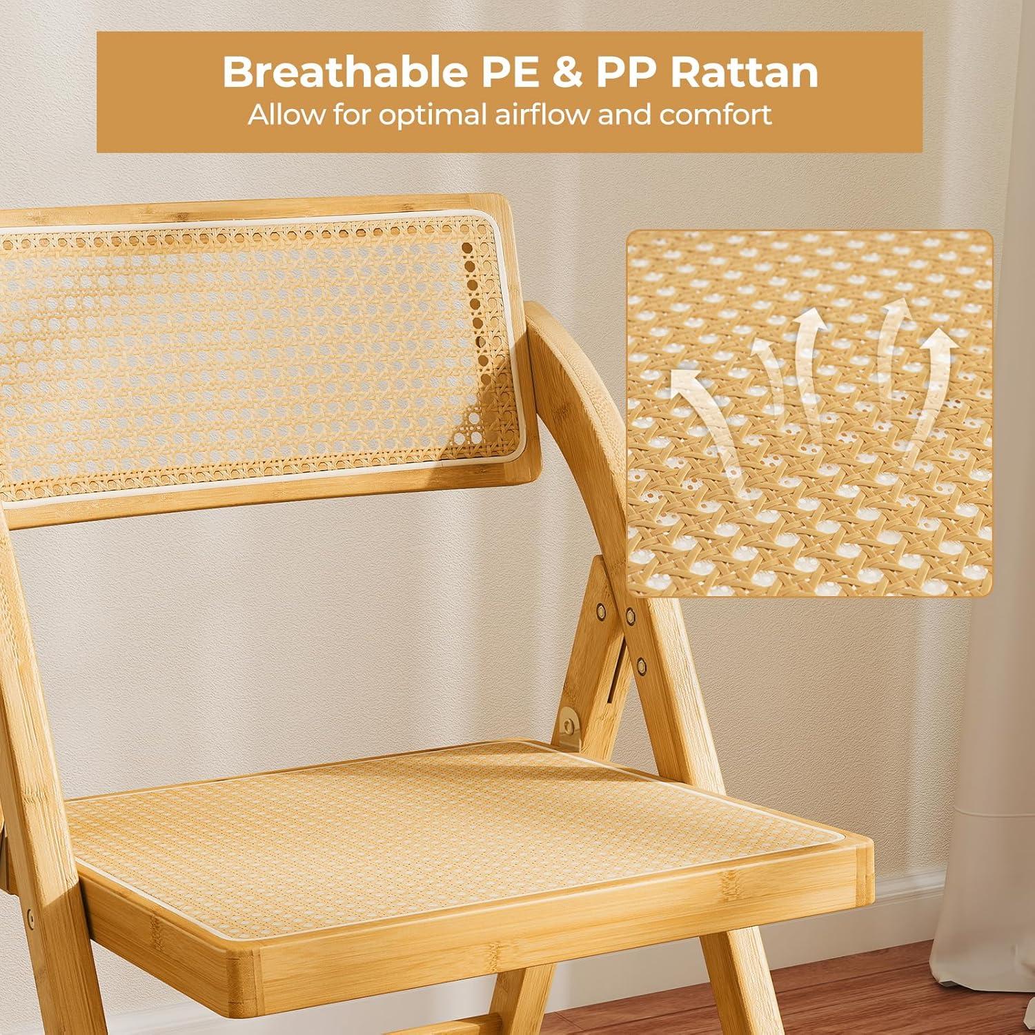 image:imageGiantex Rattan Folding Chairs Set of 2 Bamboo Dining Chairs with Rotatable Backrests Max Load 330 lbs Boho Kitchen Side Chair for Living Room Restaurant No Assembly Natural1