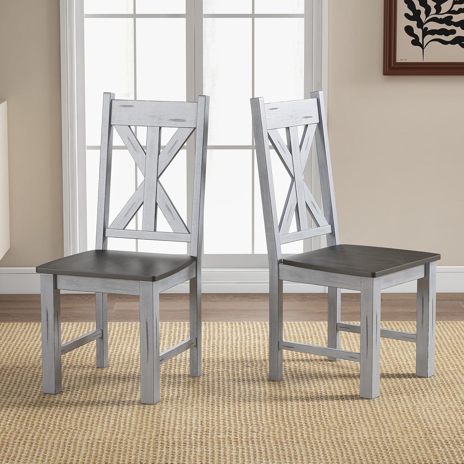 image:imageGiantex Retro Wooden Dining Chairs Set of 2 Farmhouse Kitchen Chairs wRubber Wood Frame Elegant Hollowed Backrest Armless Dining Room Chairs Rustic Side Chairs for Restaurant Living Room Grey2